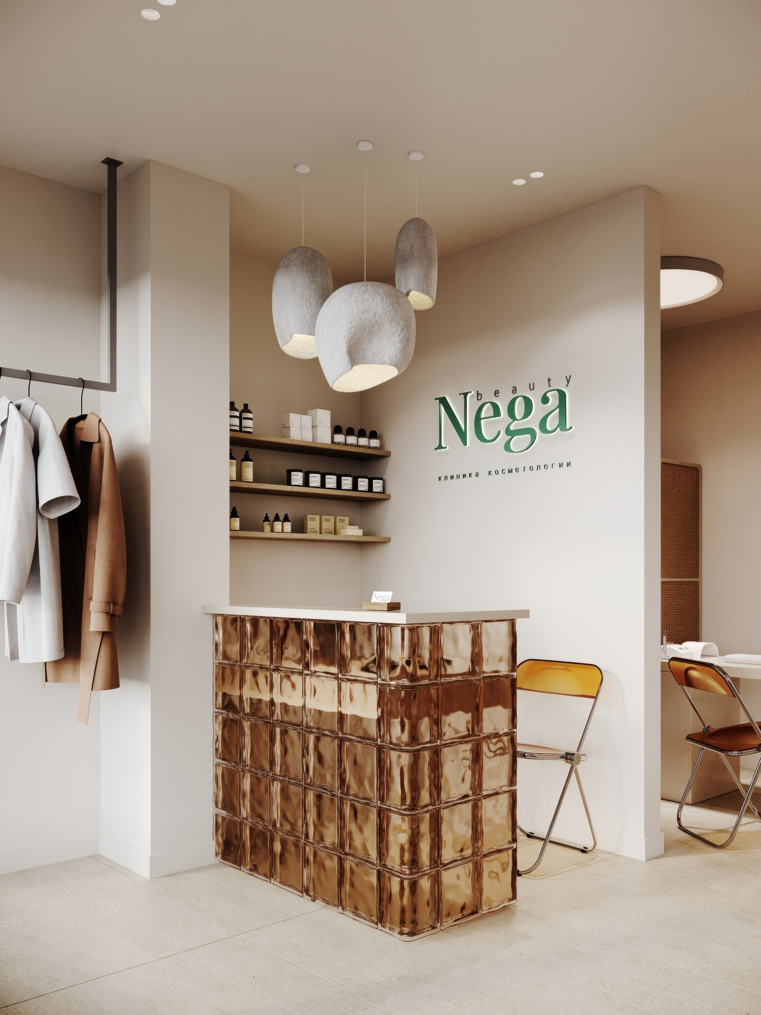 визуализация салона красоты   в нежных тонах  в сером минималистичном современном  стиле