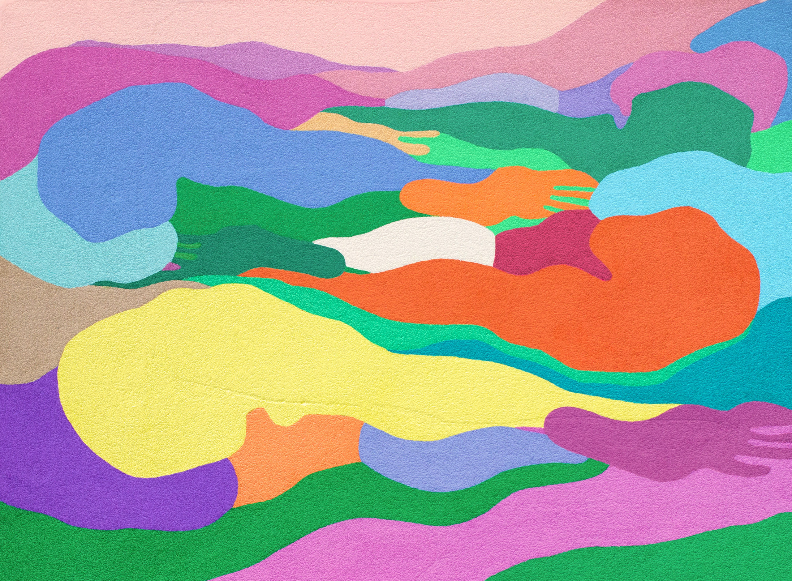 ЦВЕТОЧНЫЕ ПОЛЯ бумага, манка, гуашь, колеровочная паста 50х70 см 2020 г. 50.000 р