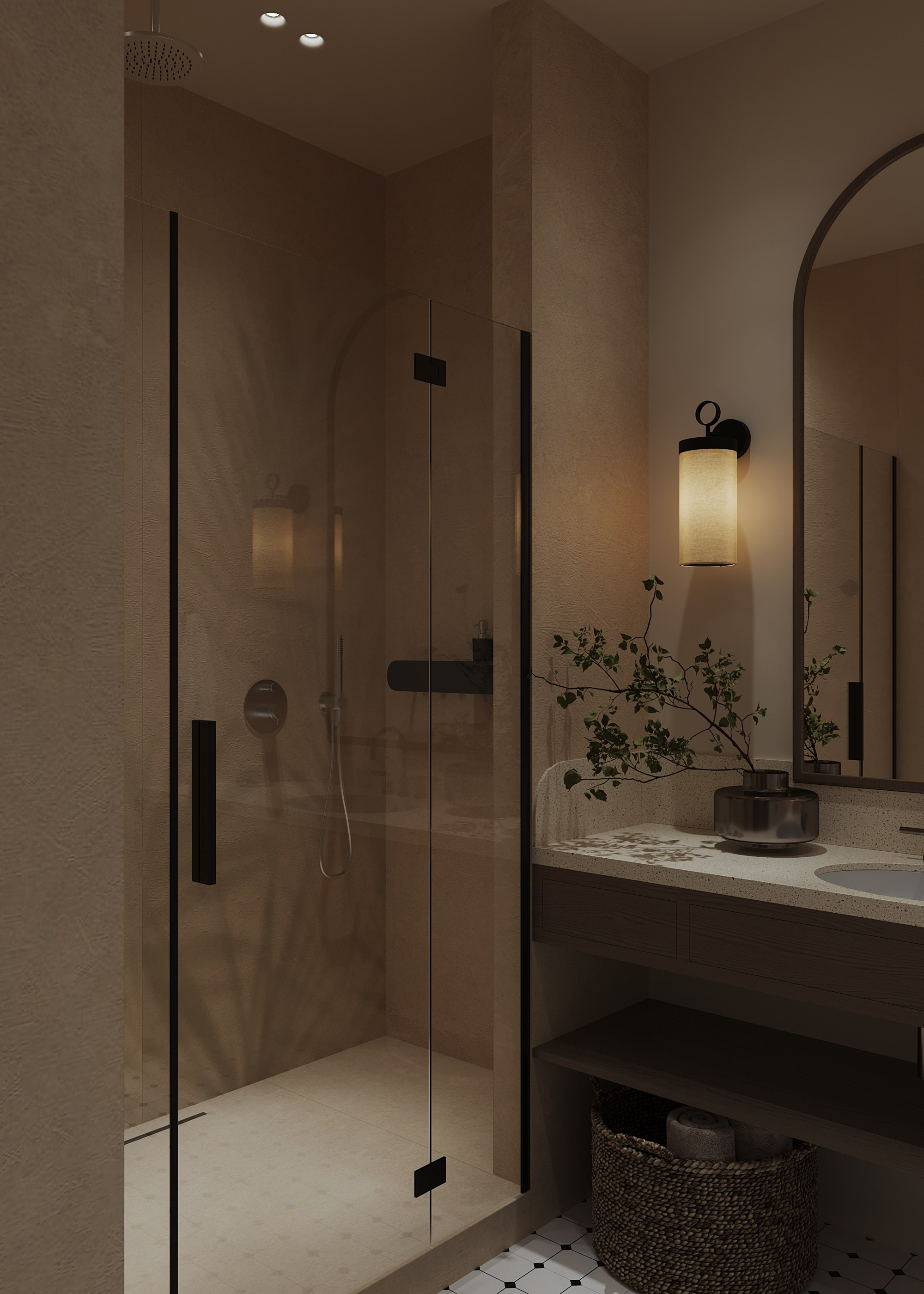 Душевая в мастер спальне, санузел  с пальмами и классической раскладкой плитки на полу   A shower in the master bedroom, a bathroom with palm trees and a classic tile floor layout