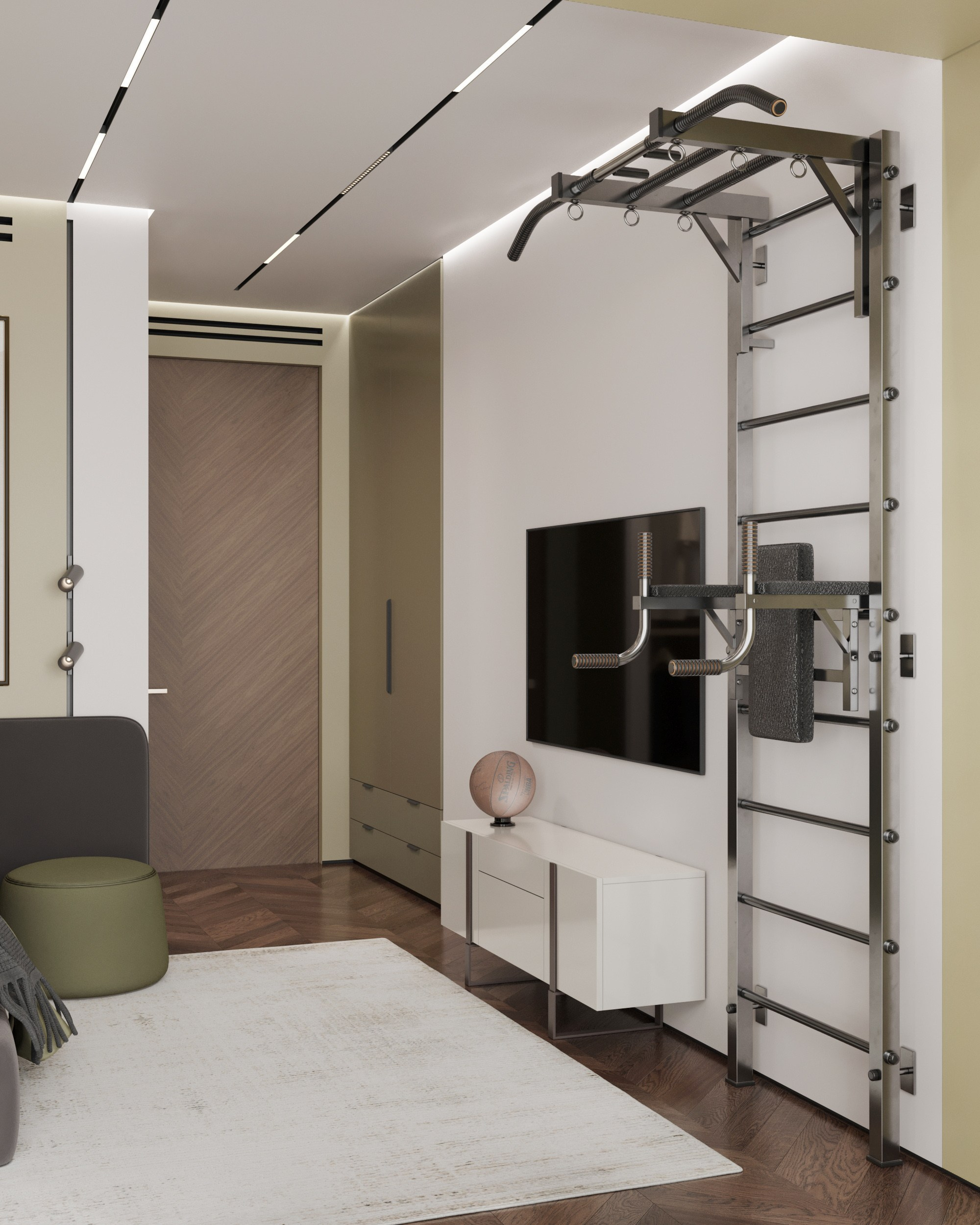 Детская комната с настенной шведской стенкой и спортивными элементами 