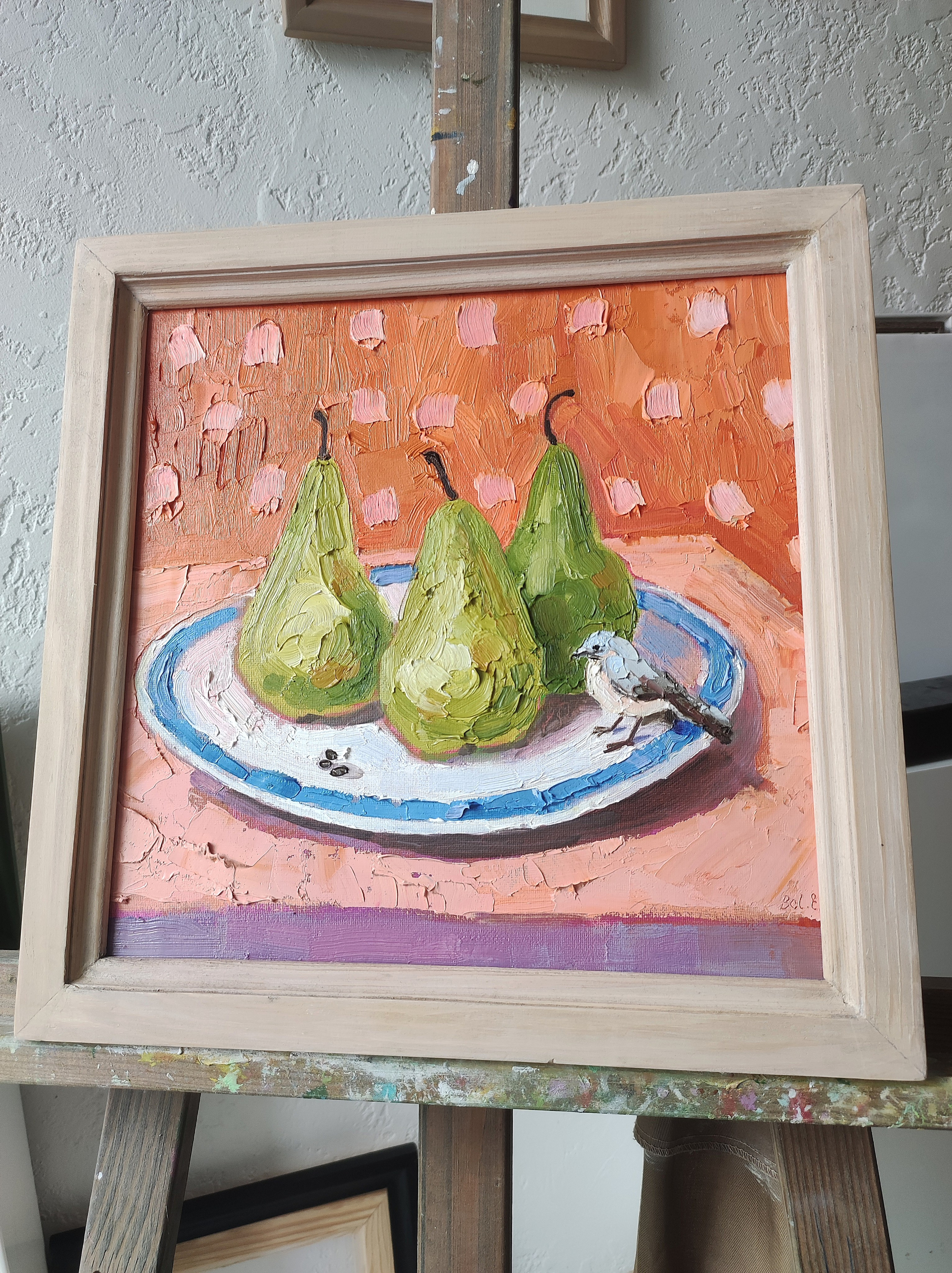 «Натюрморт с грушами и птичкой». Масло, холст на картоне, 30×30 см. Галерея картин художницы Бельмесовой Евгении