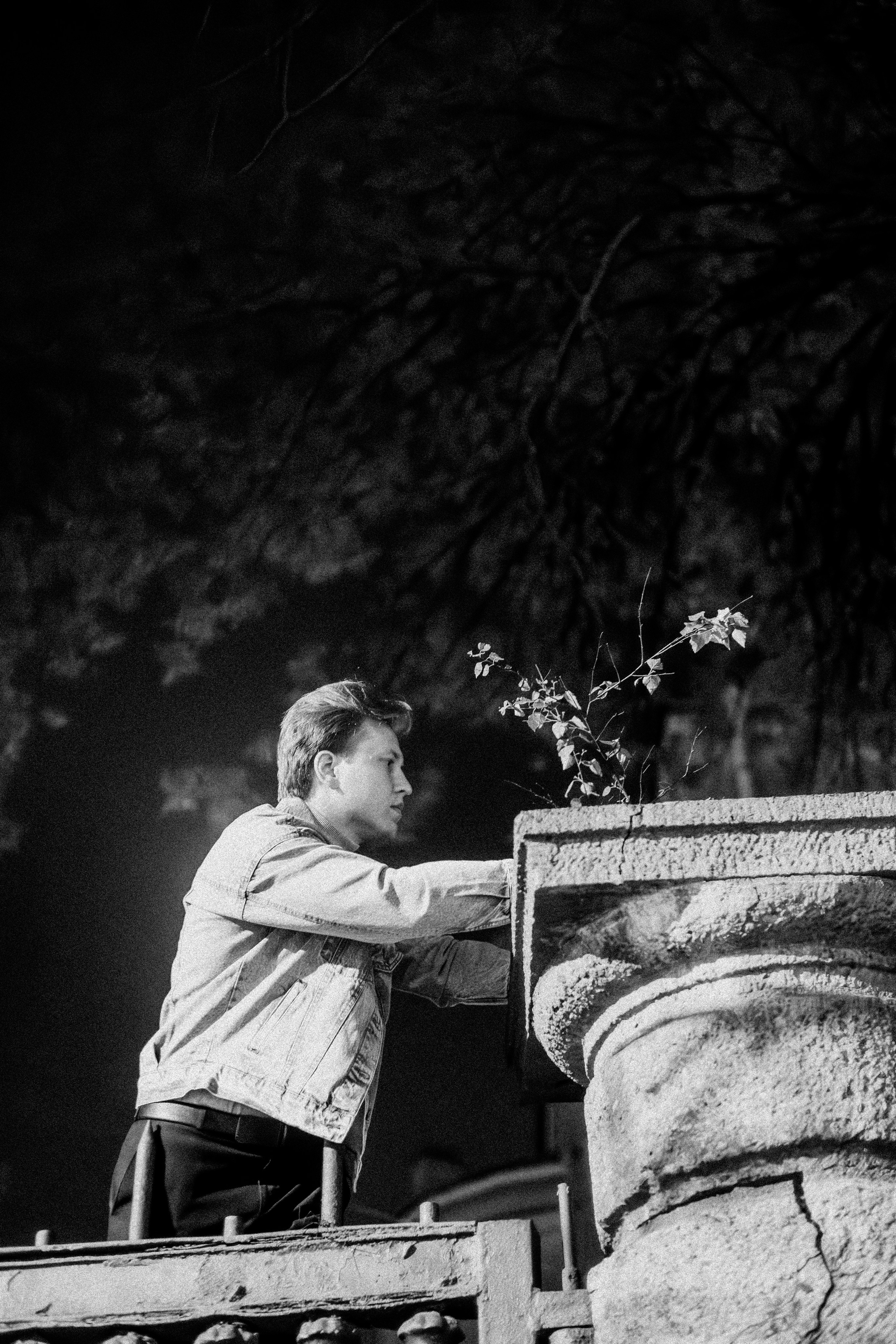 поэт в куртке на заборе трогает ветку дерева в черно-белом