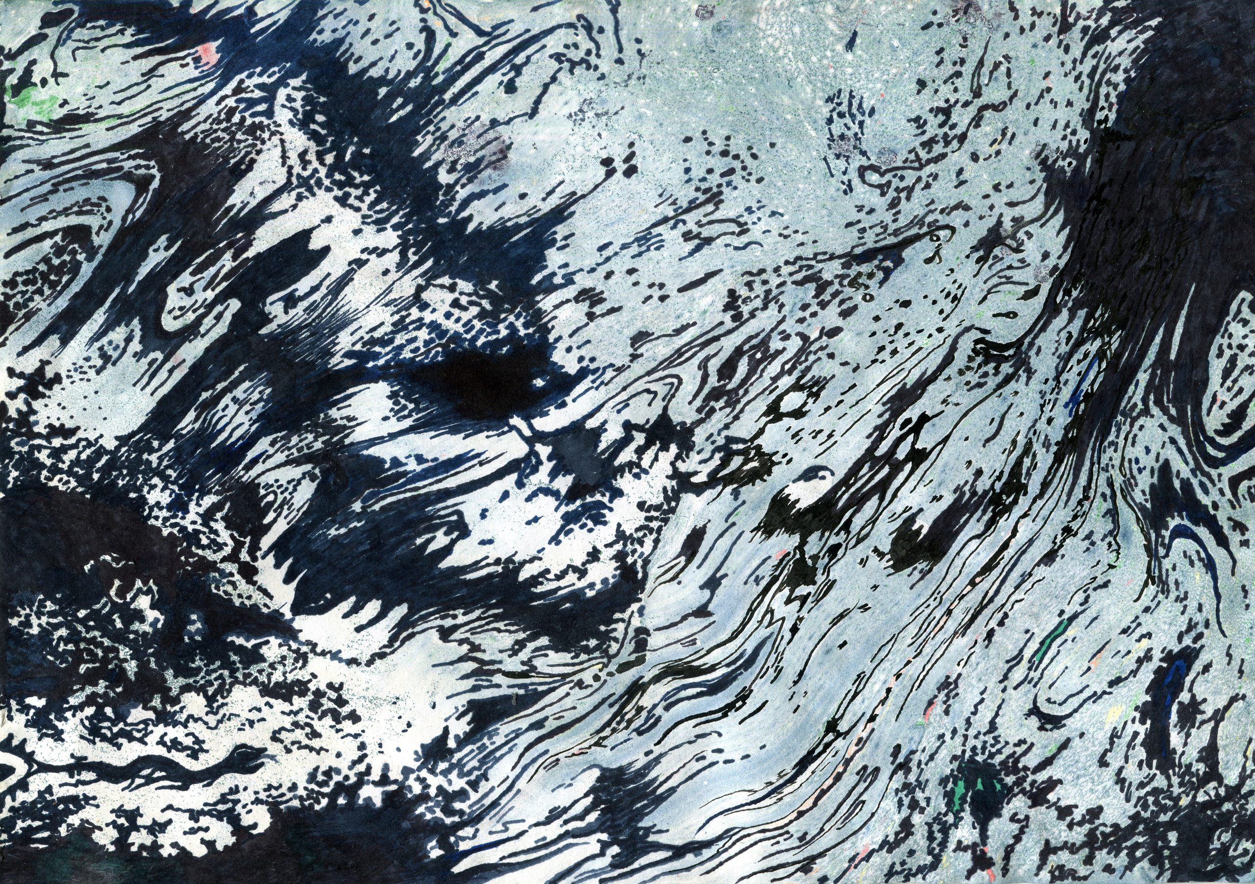 Абстрактное произведение искусства, включающее в себя закрученные узоры черного, белого и едва заметных оттенков цвета, с текучими, динамичными формами. Композиция вызывает ощущение движения, мазки и отметины напоминают бурные, органические формы. Взаимодействие темных и светлых тонов создает драматический контраст, в то время как пятна цвета добавляют глубину и текстуру произведению.
