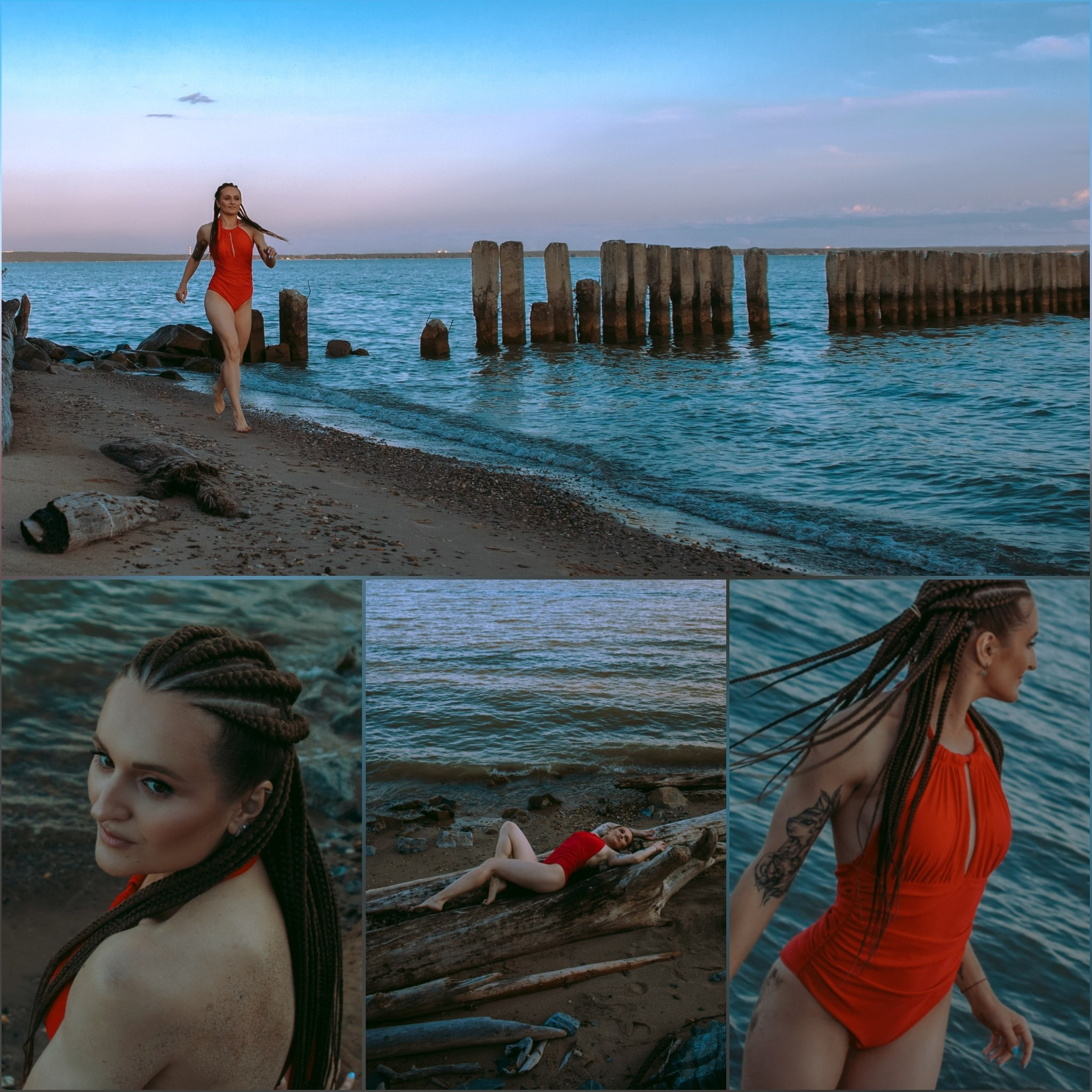 девушка бежит по берегу в красном купальнике