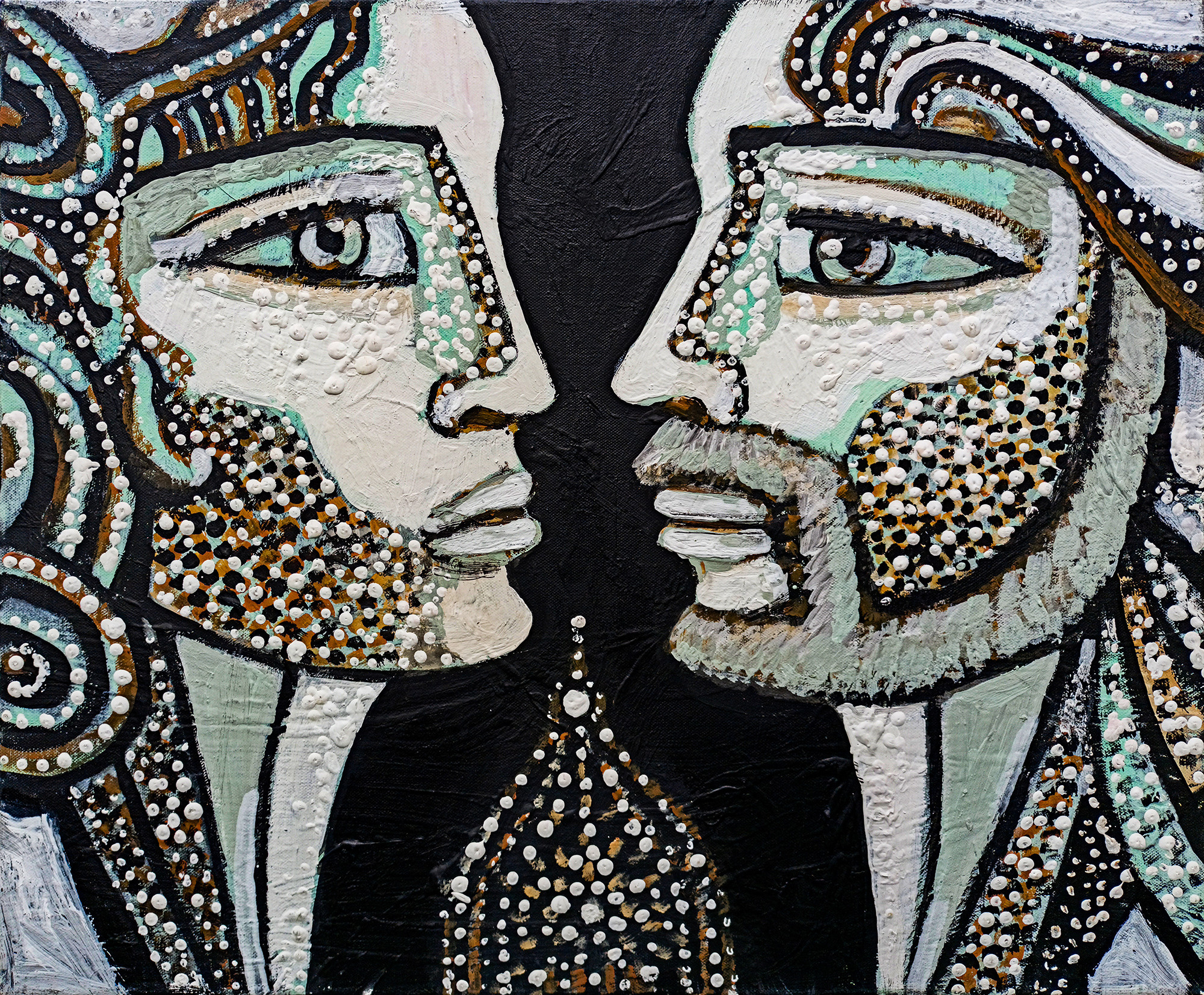 Двое, профиль, мужчина и женщина, влюбленные. Смешанная техника. Черный фон. Холст, масло, акрил. Современная живопись. Черные доски, проект.