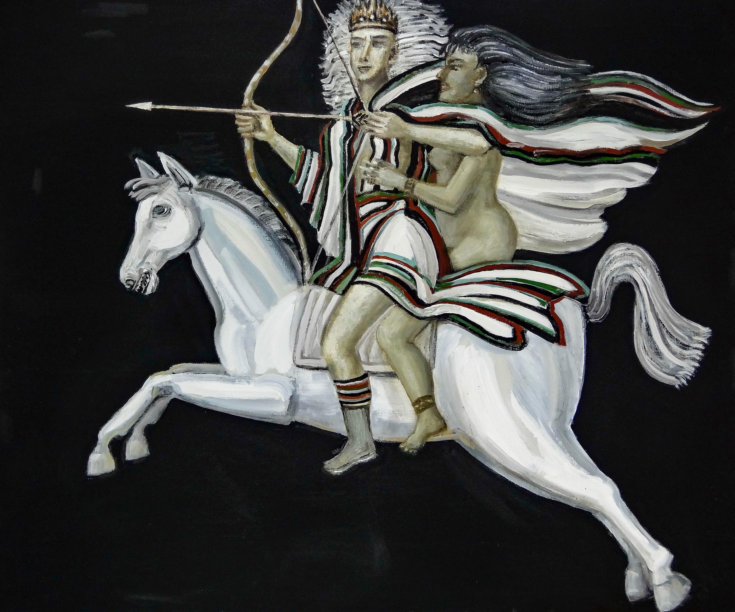 Всадник на белом коне с  луком. Стрелец с девушкой. Черный холст, черный фон. Холст, масло, акрил. Современная живопись. Черные доски, проект.