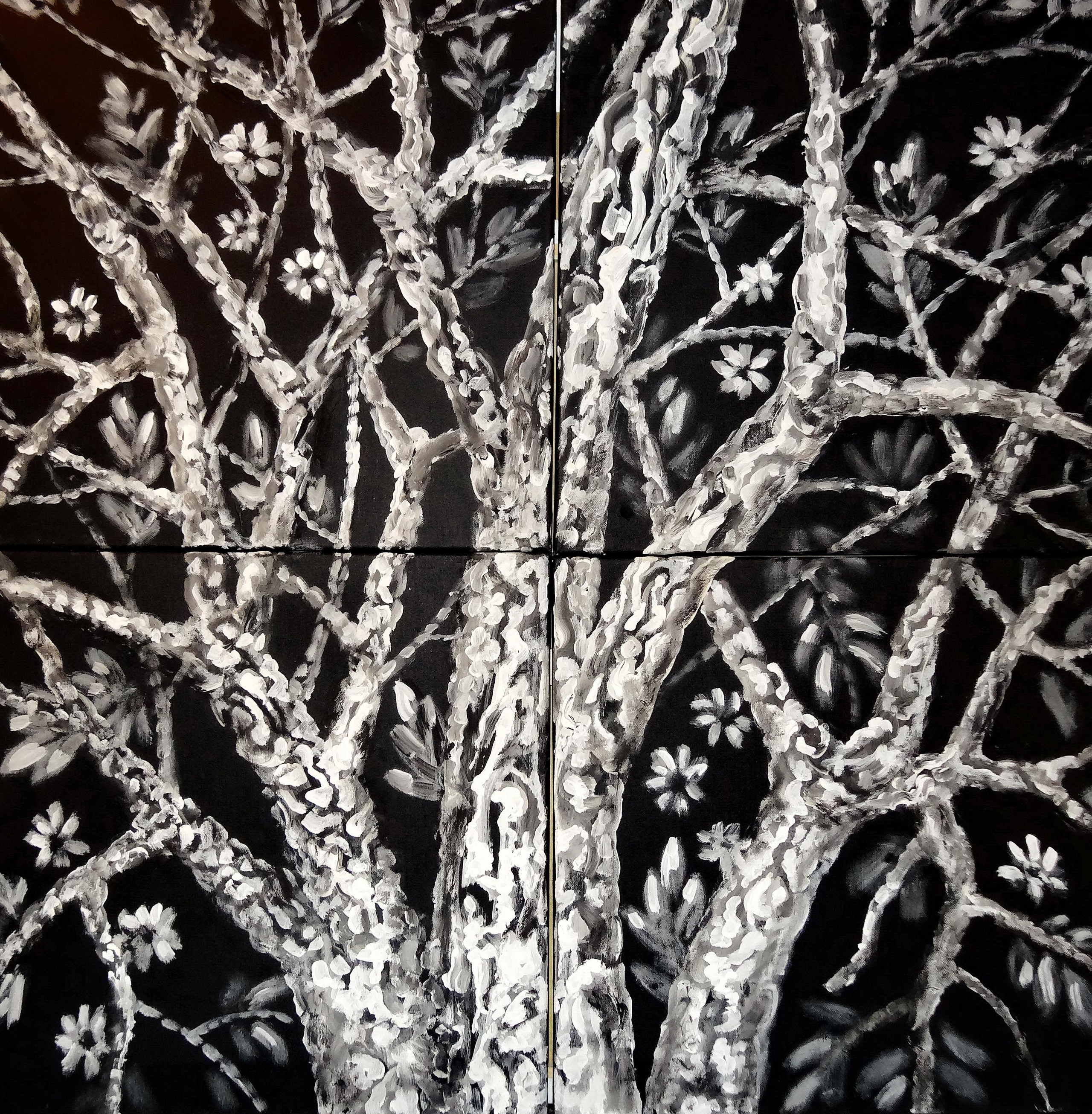 Дерево на чёрном фоне (из 4 частей). Черный холст, черный фон. Холст, масло, акрил. Современная живопись. художник Владимир Портяной. Черные доски, проект.