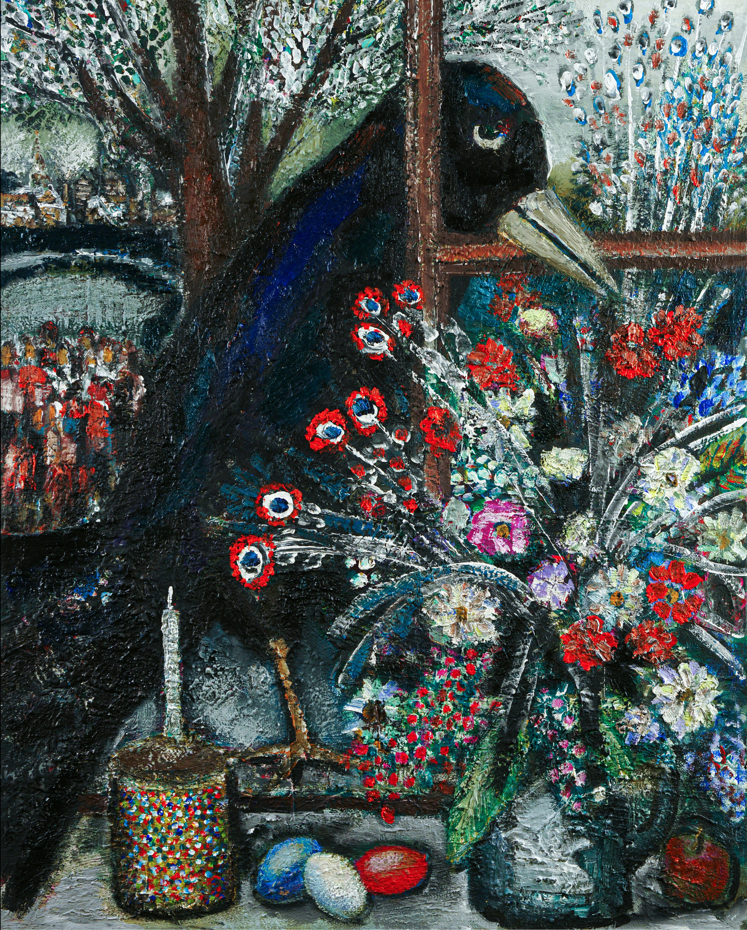 Большая черная птица заглядывает в окно, на переднем плане букет красных и белых цветов и кулич с крашенными яйцами. Цветовая гамма -  белый, черный, красный.