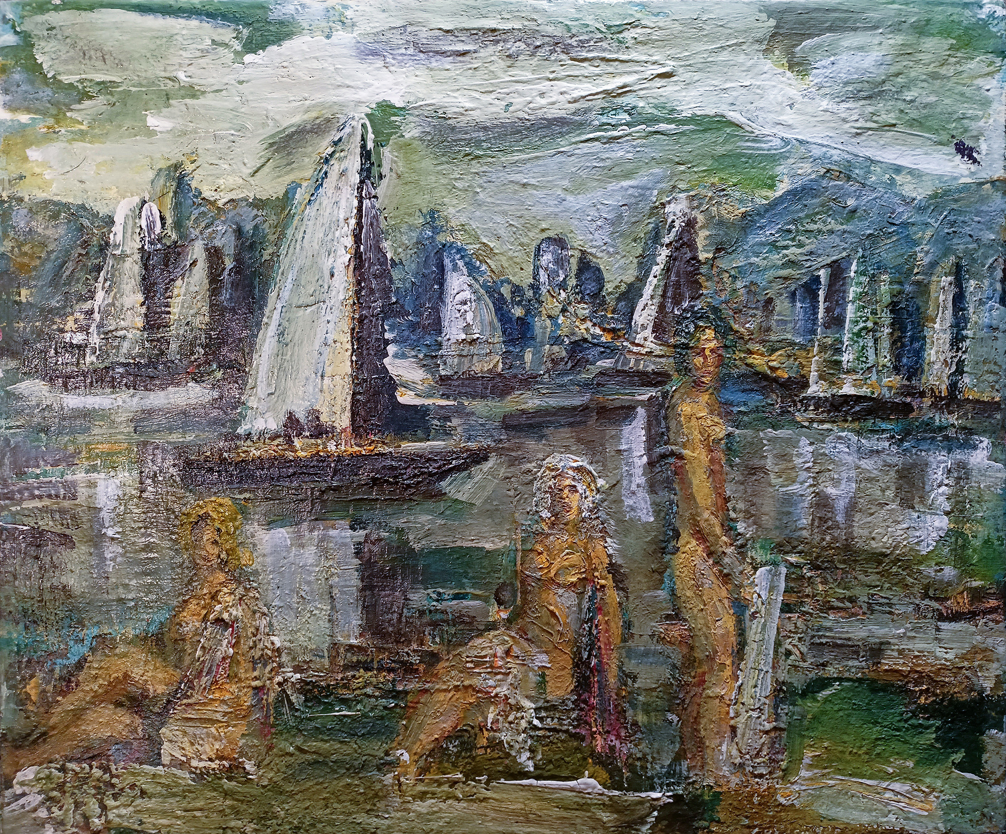 Bathers and sailboats. 1995 Canvas, oil. 50X60cm. Art. BP-086