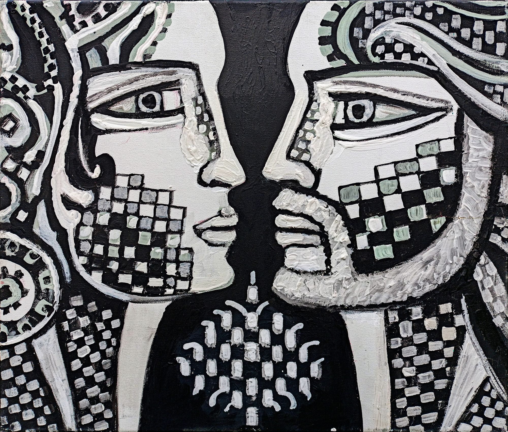 Двое, профиль, мужчина и женщина, влюбленные. Смешанная техника. Черный фон. Холст, масло, акрил. Современная живопись. Черные доски, проект.