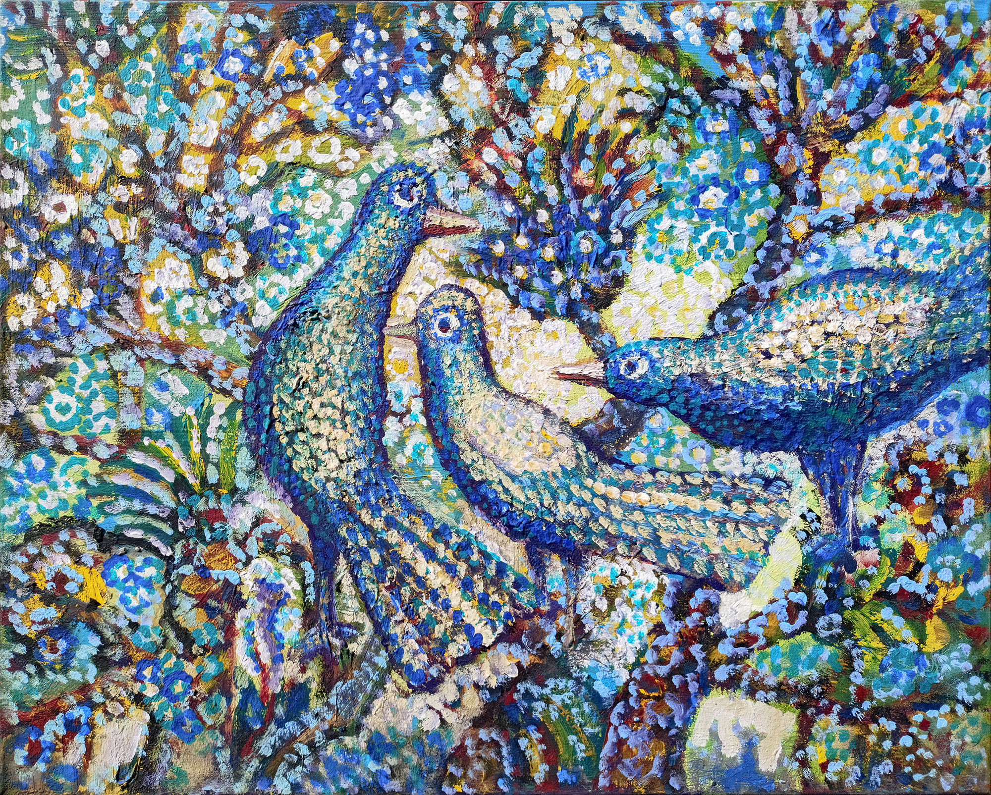 Три птицы в сине-зеленой гамме, зелень, лес, яркое настроение. Современная живопись. 