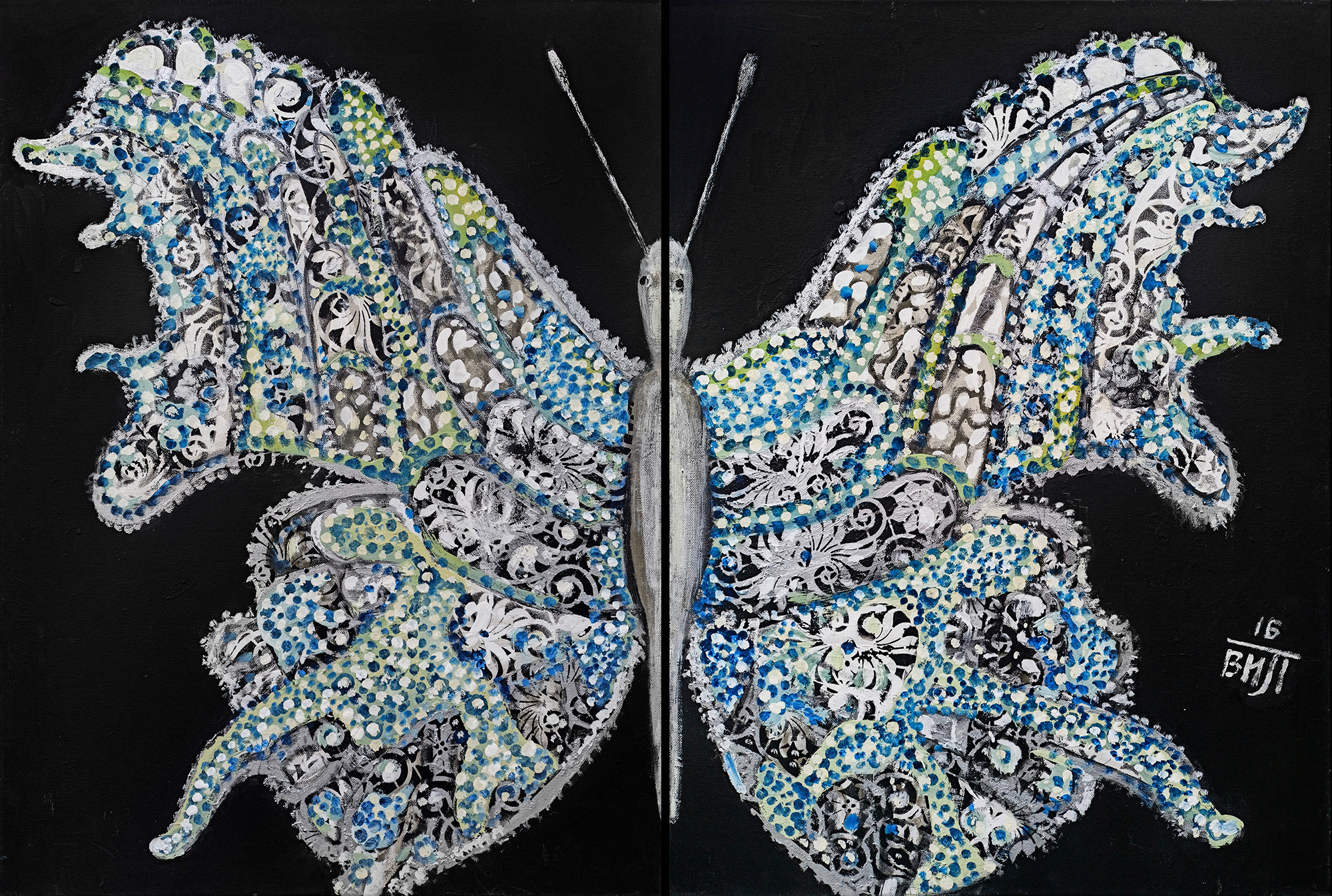 Бабочка на черном холсте. Узор. Диптих. Современная живопись. Черные доски, проект.