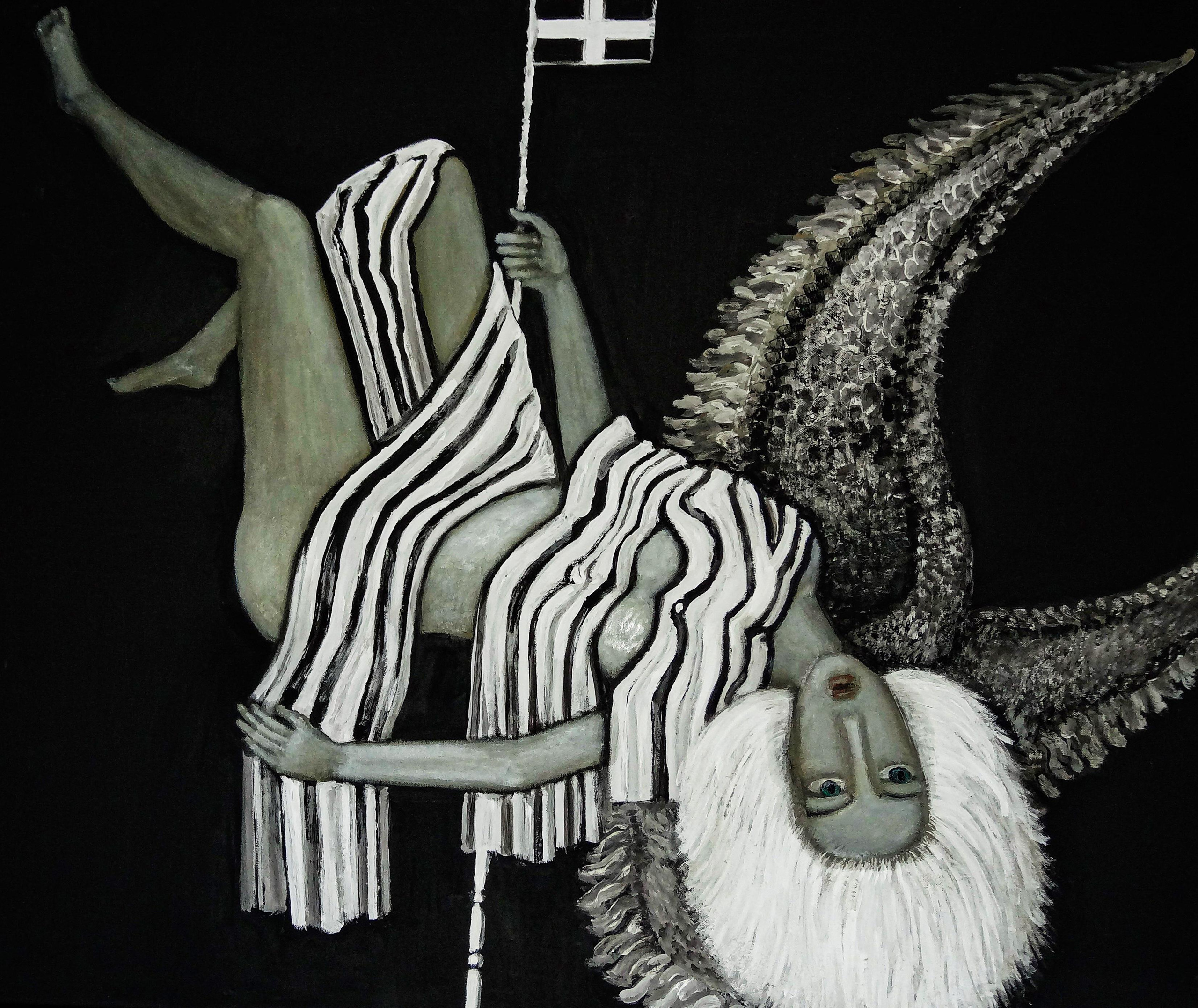 Черный холст, черный фон, сюжет с ангелом. Холст, масло, акрил. Современная живопись. Черные доски, проект.