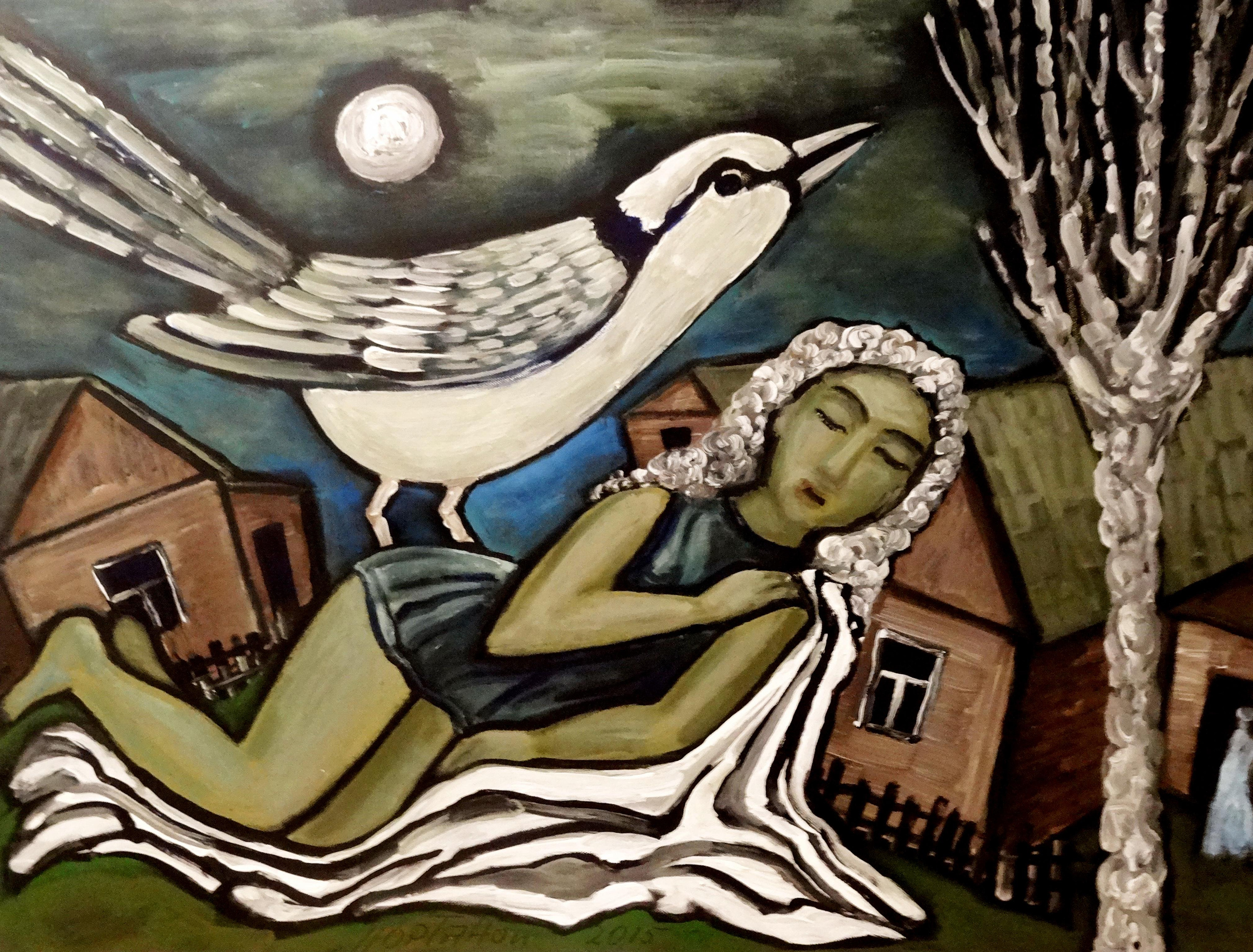 Спящая девочка с белыми волосами и птица, ночь, луна, дерево. Живопись, холст, масло.