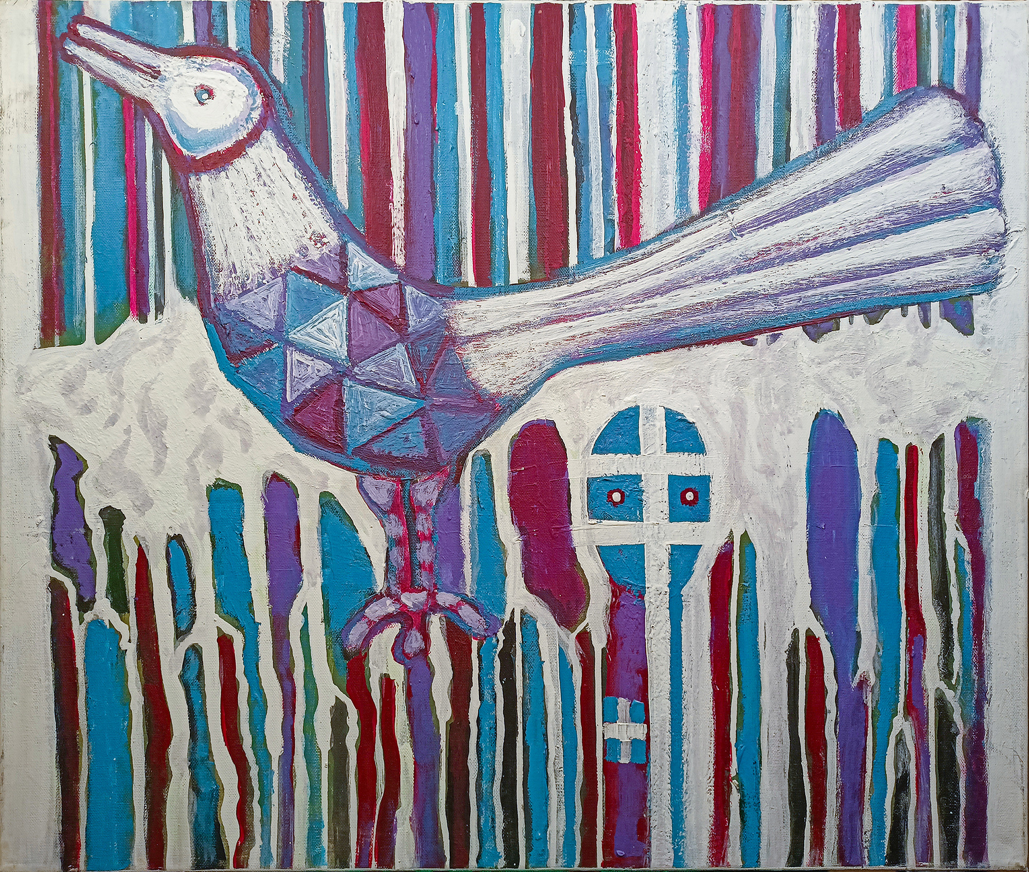 Птичка-арлекин. Холст, масло, акрил. Современная живопись. 