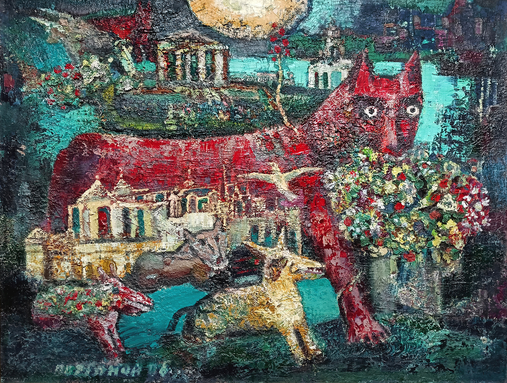 Красная собака нюхающая цветы. 2006г. Холст, масло, акрил. 70Х90см. Арт. BP-103	