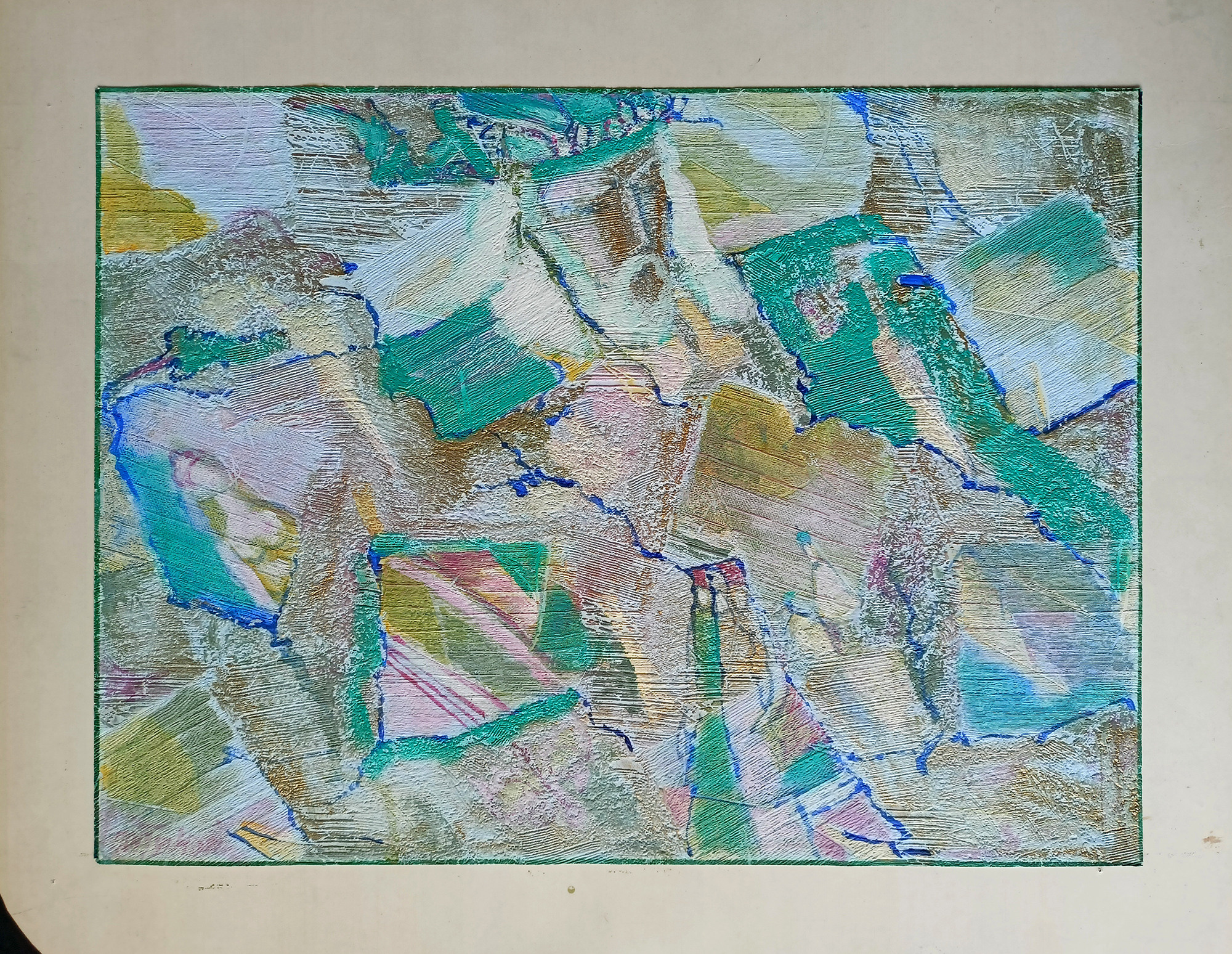 Композиция на голубом. 2001г. Картон, спец. бумага, масло, алкидные краски. Смешанная техника. 43Х57см. Арт. HG-003