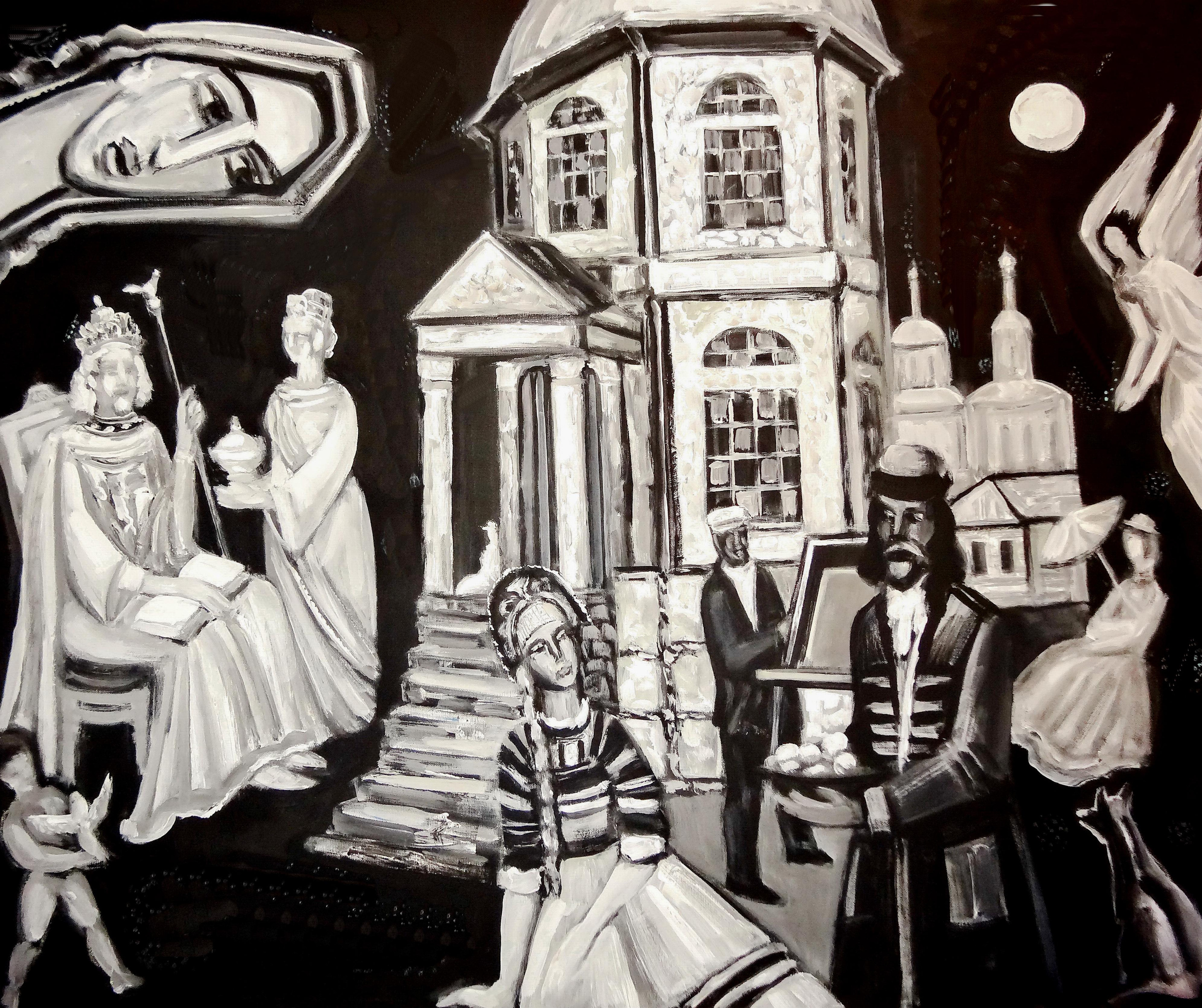 Сюжет с белыми силуэтами на черном фоне. Маскарад времён. Черный холст. Холст, масло, акрил. Современная живопись. Черные доски, проект.