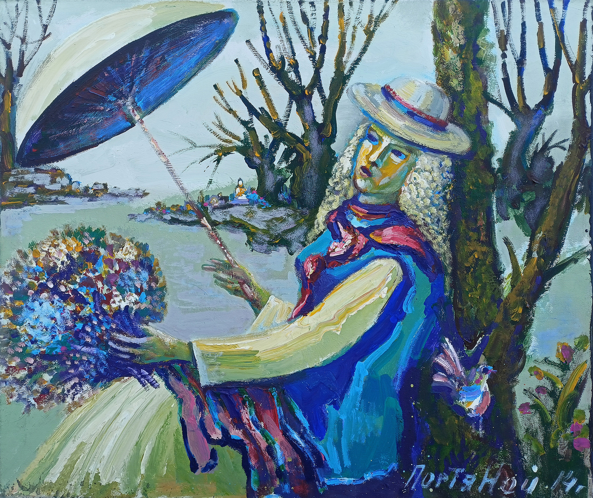 Девушка с зонтиком. 2014г. Холст, масло, акрил. 860Х70см. Арт. AP-008