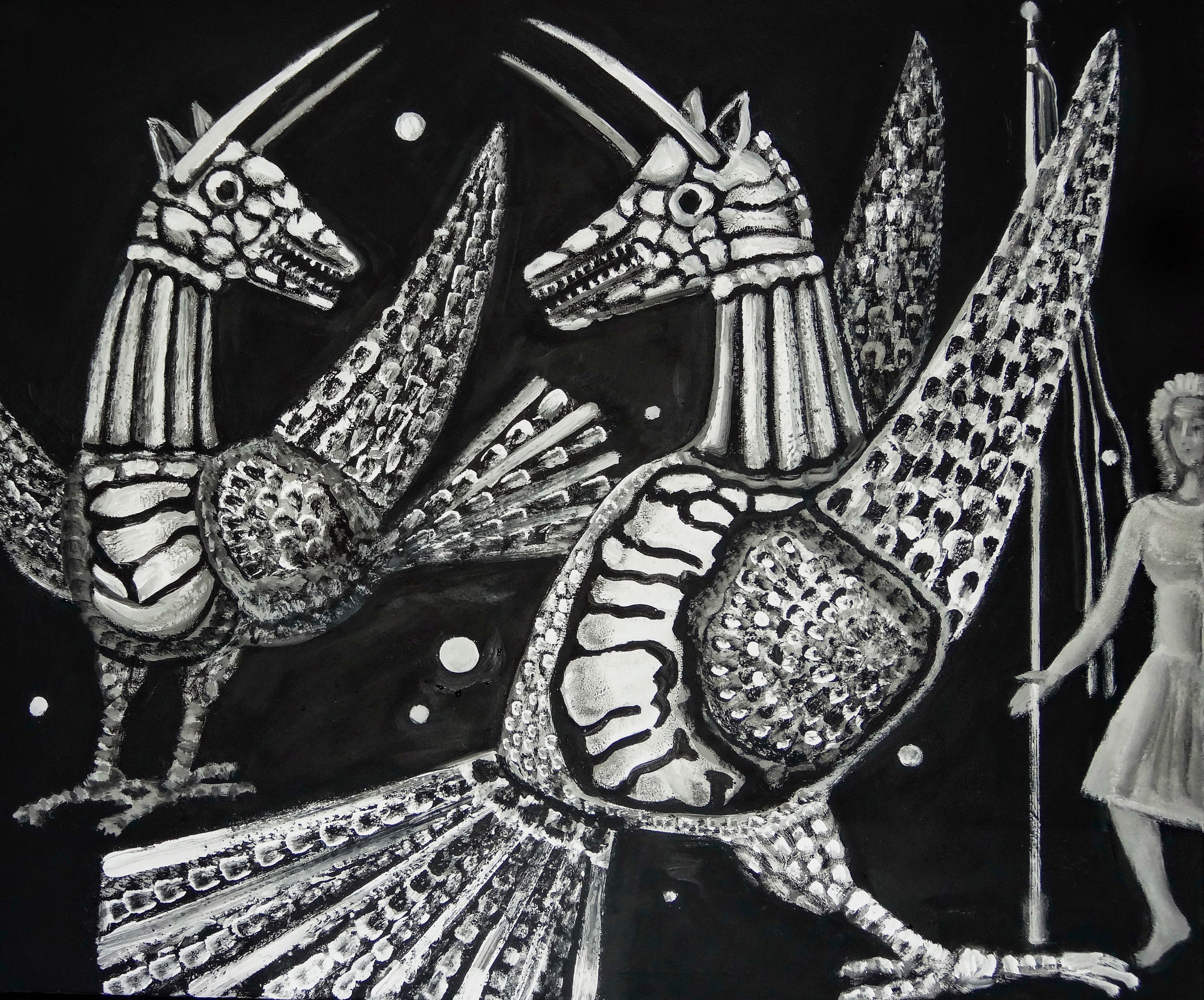 Белые сказочные птицы на черном фоне. Холст, масло, акрил. Современная живопись. Черные доски, проект.