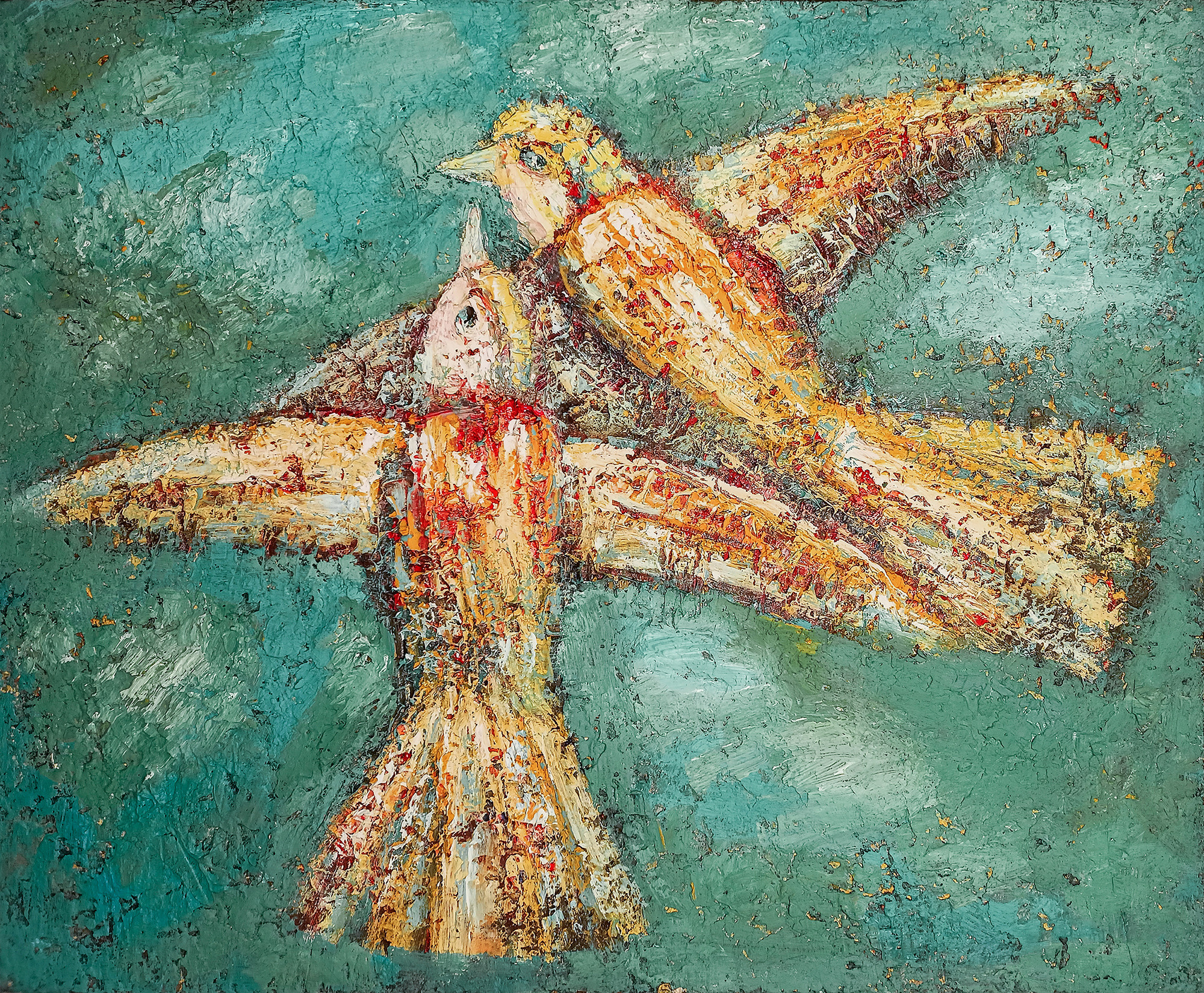 Две птицы в голубом небе, полет. Живопись, масло, холст.