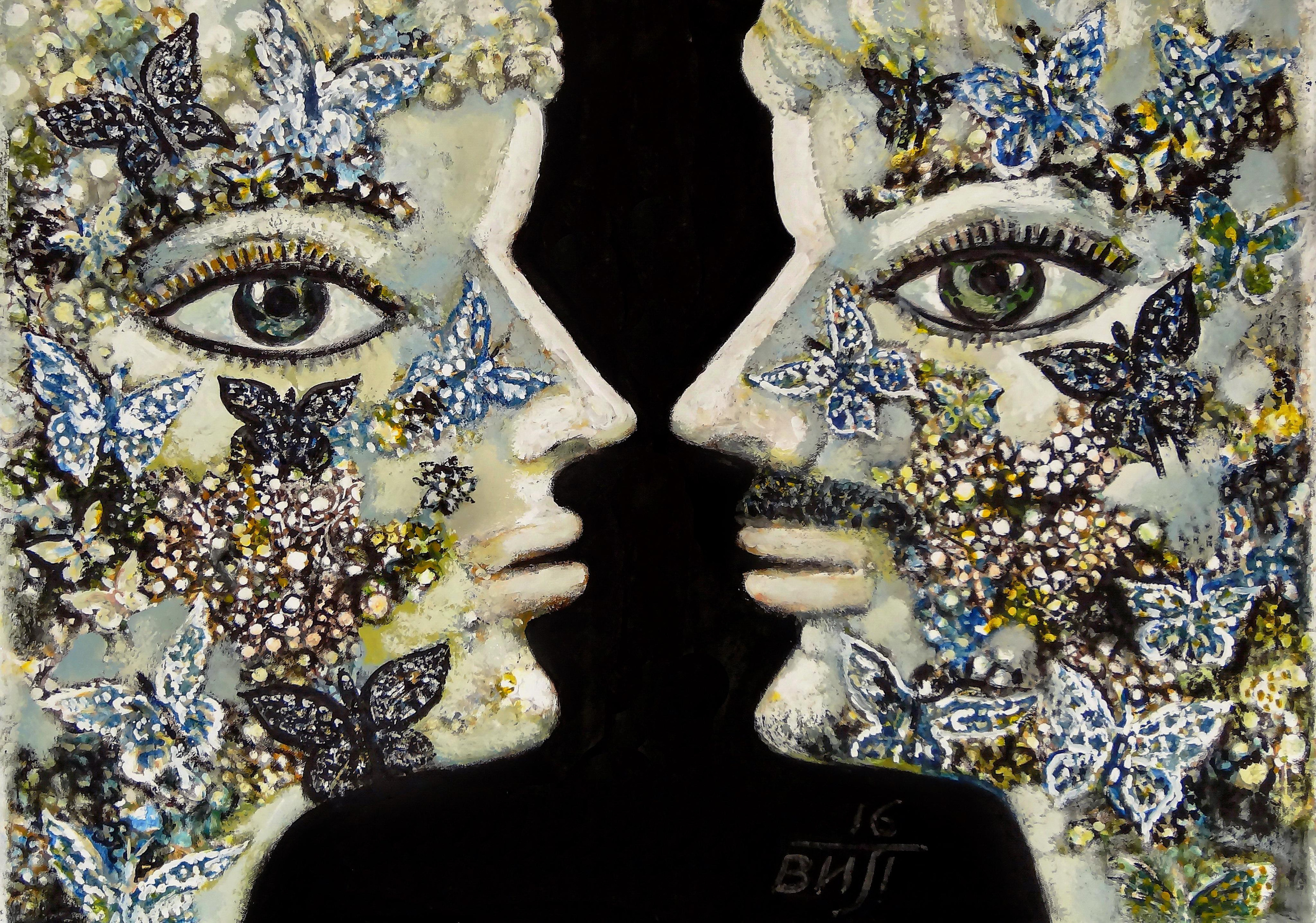 Двое, профиль, мужчина и женщина, влюбленные. Смешанная техника. Черный фон. Холст, масло, акрил. Современная живопись. Черные доски, проект.