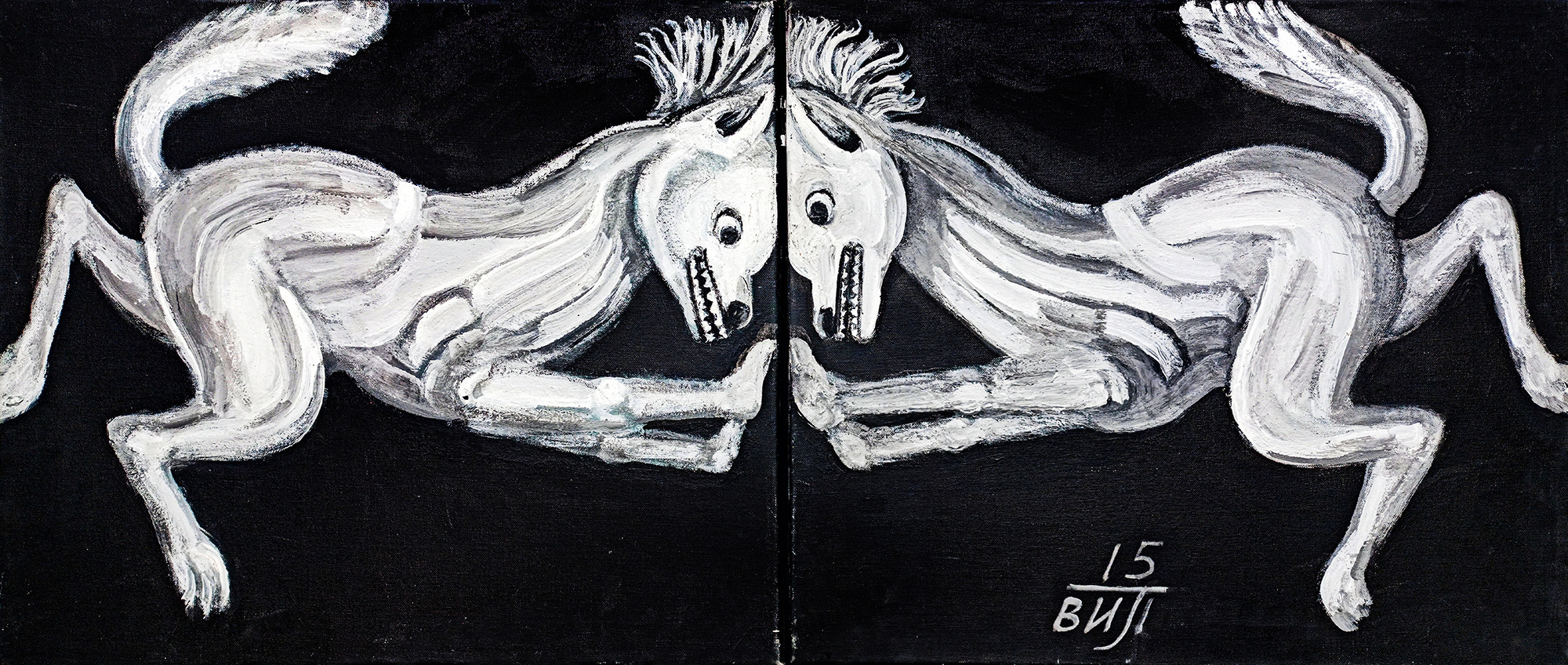 Противостояние, диптих. Белые собаки на черном фоне. Холст, масло, акрил. Современная живопись.