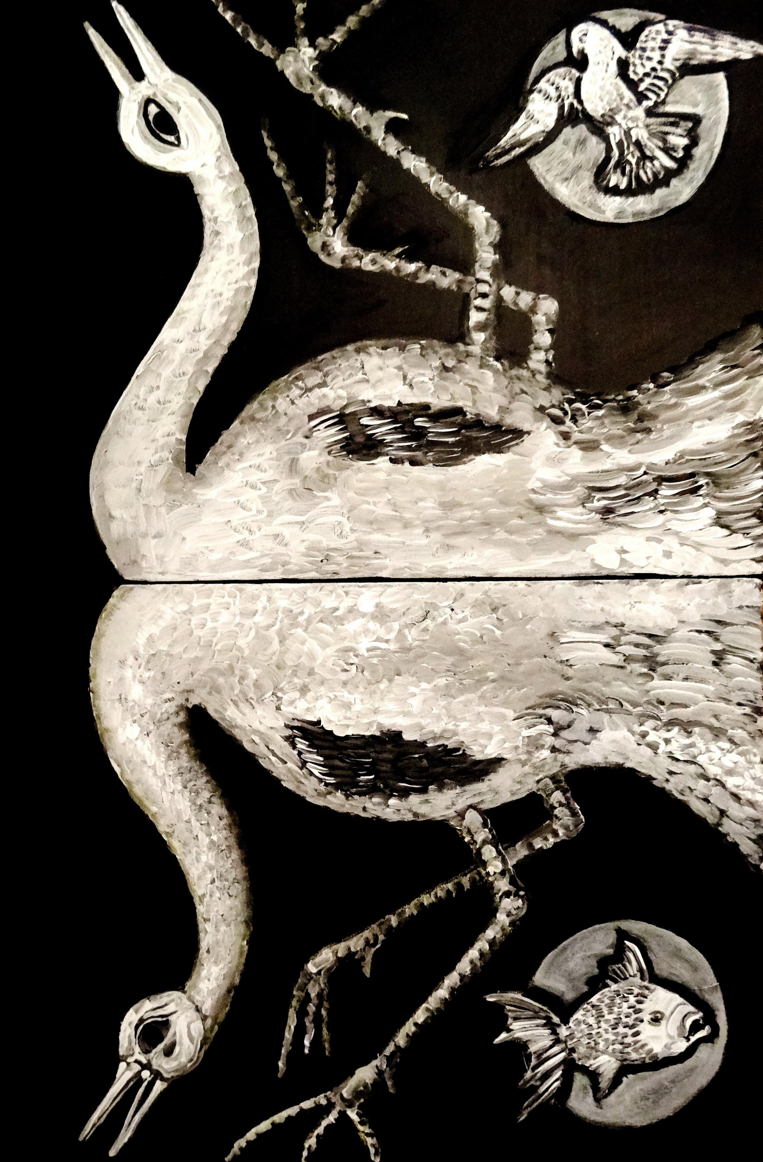 Белая птица на черном холсте, отражение. Холст, масло, акрил. Современная живопись. Диптих.