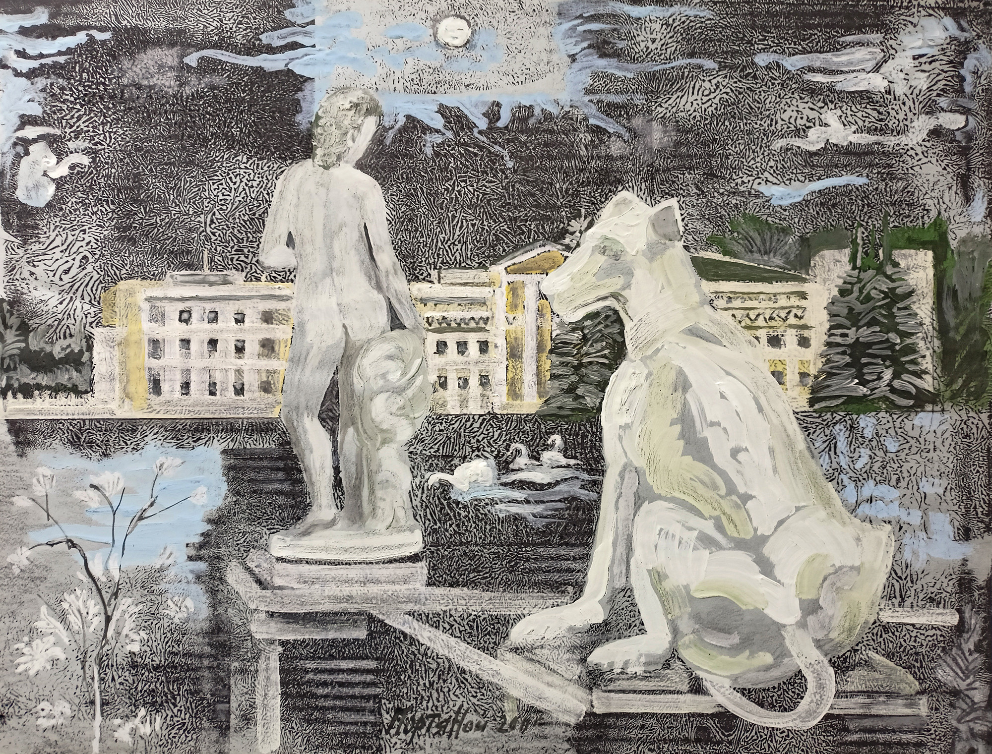 Композиция с львицей и фигурой (Архангельское). 2011г. Бумага, акрил, смешанная техника. 50Х65см. Арт. HG-024