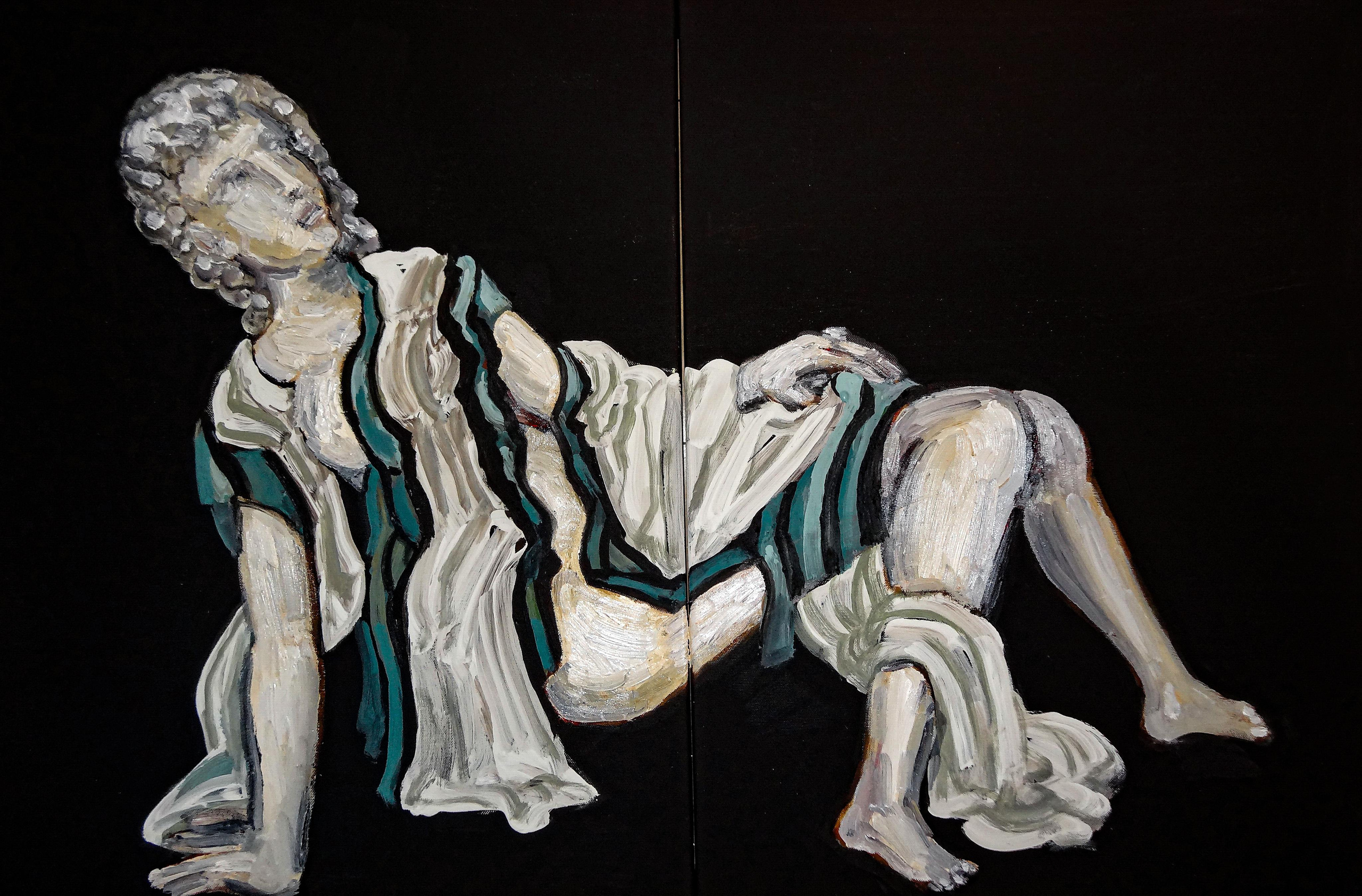 Обнаженная с покрывалом. Черный холст, черный фон. Холст, масло, акрил. Современная живопись. Черные доски, проект.