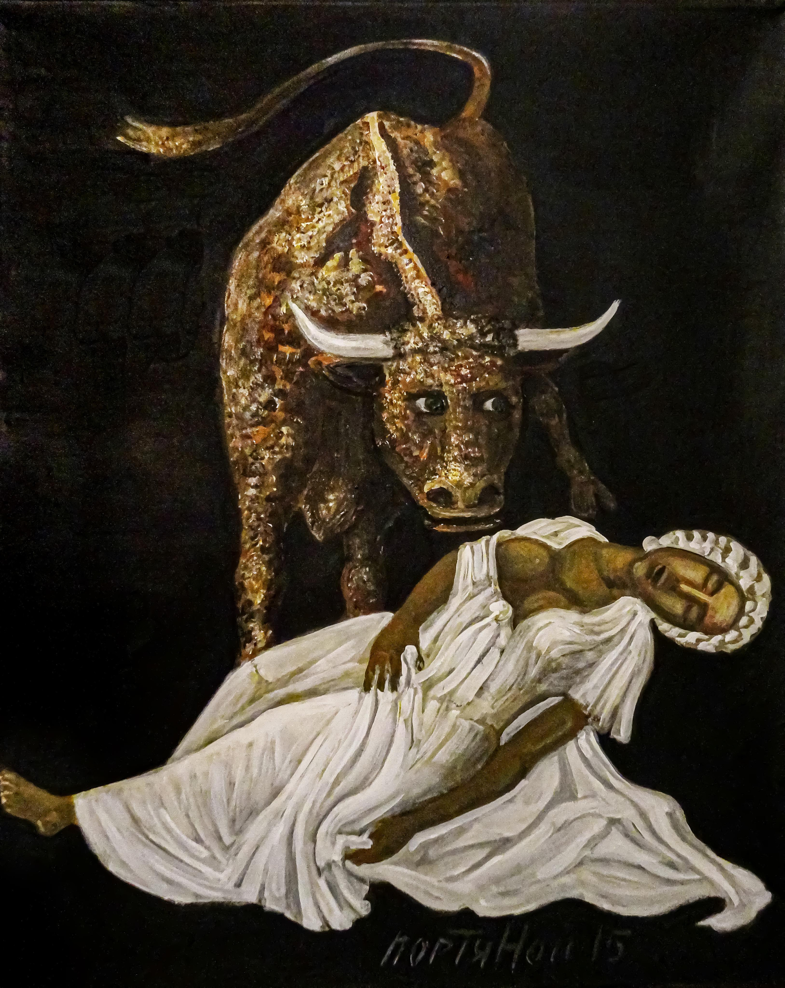 Похищение Европы, масляная живопись. Бык и девушка, миф. Черный холст, черный фон. Холст, масло, акрил. Современная живопись. художник Владимир Портяной. Черные доски, проект.