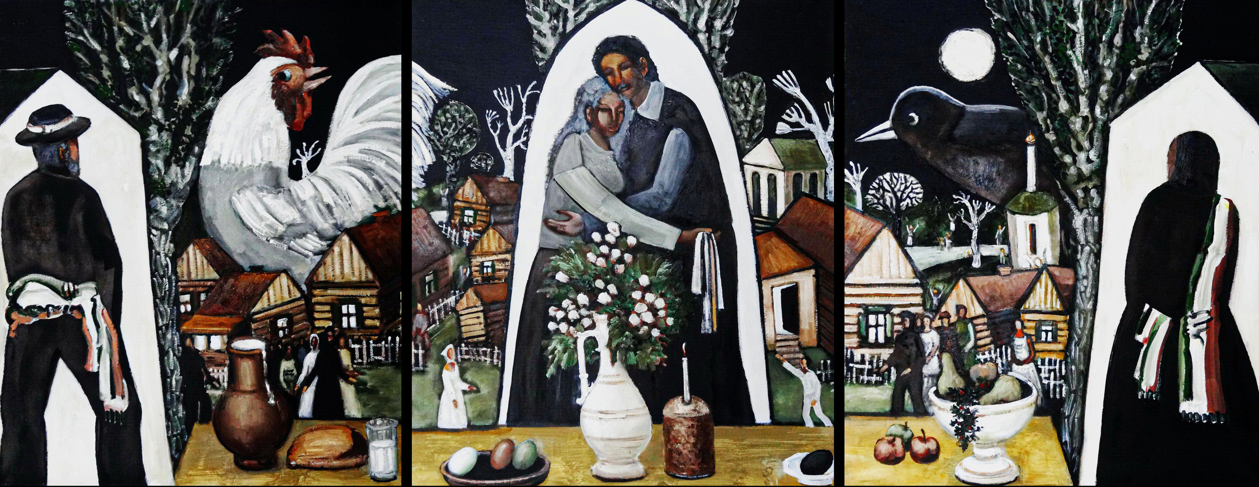 Три полотна с мотивами праздников. Свадьба, Пасха. Русская деревня. Триптих. Смешанная техника. Черный фон. Холст, масло, акрил. Современная живопись. Черные доски, проект.