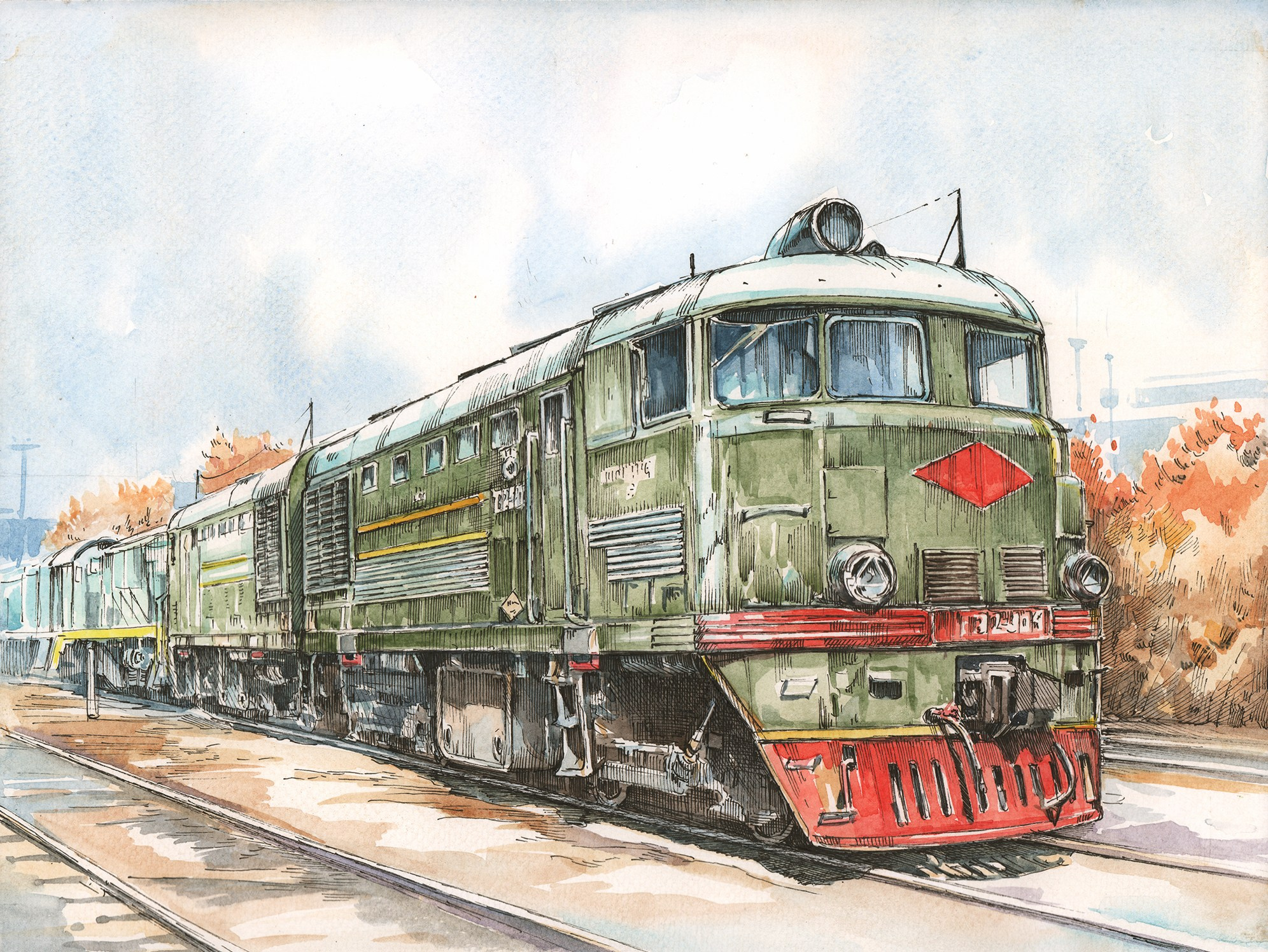 Работы о железной дороге (альбом «Магистраль»). Художник Александр Петрунин