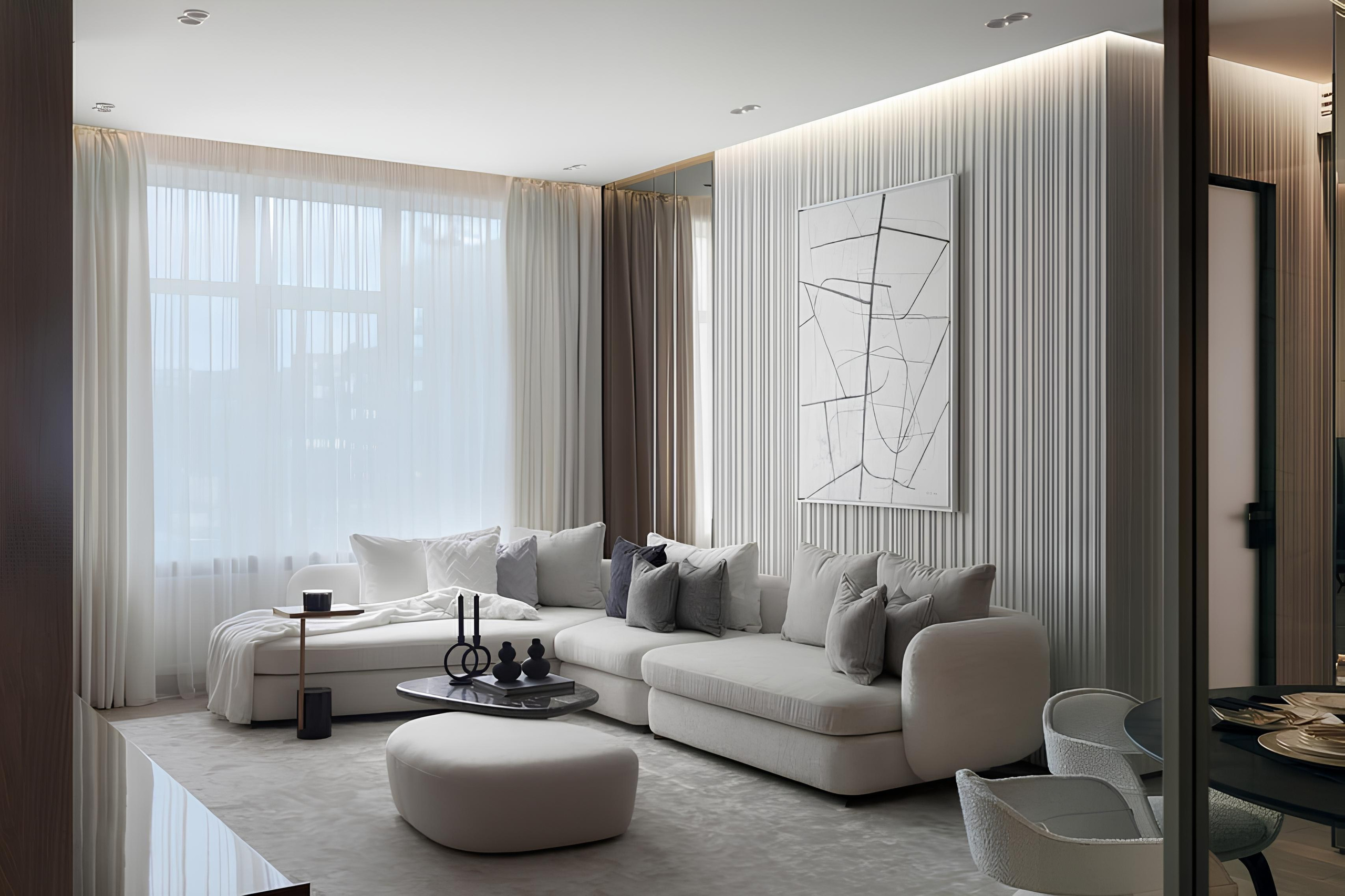 Реализованный интерьер гостиной с диваном по дизайн-проекту