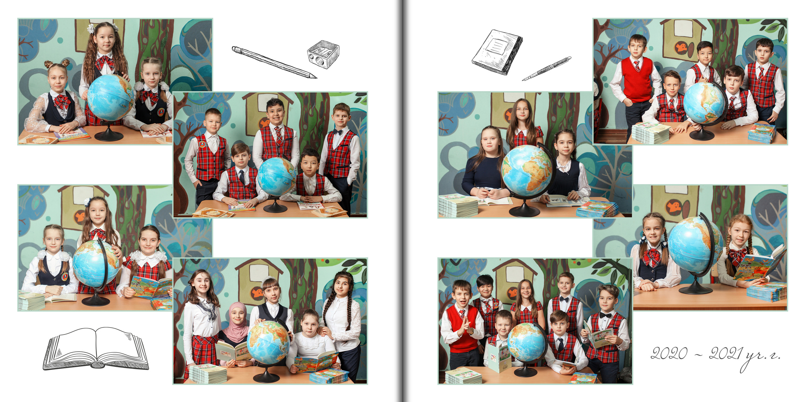 Выпускной альбом начальной школы "Школьные дни" групповые фотографии в классе