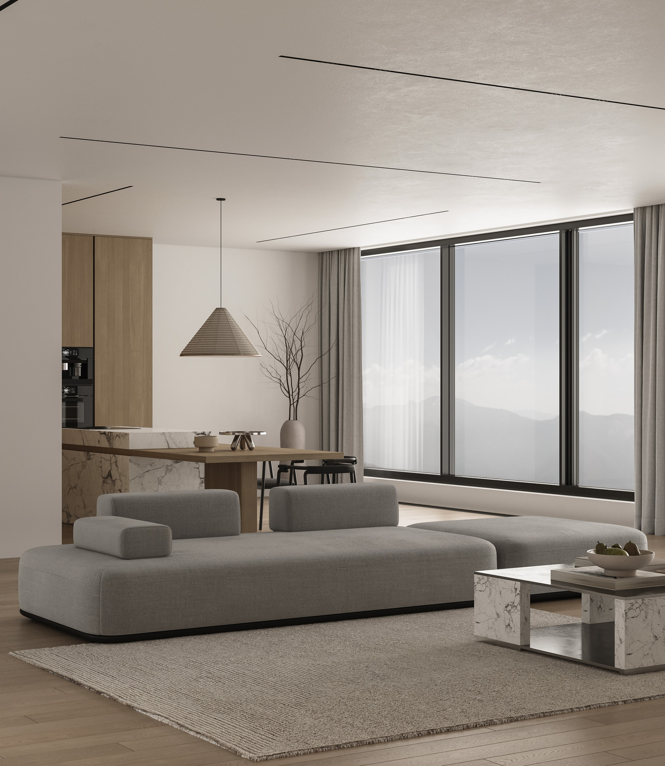 3д визуализация интерьера кухни-гостиной в современном стиле 