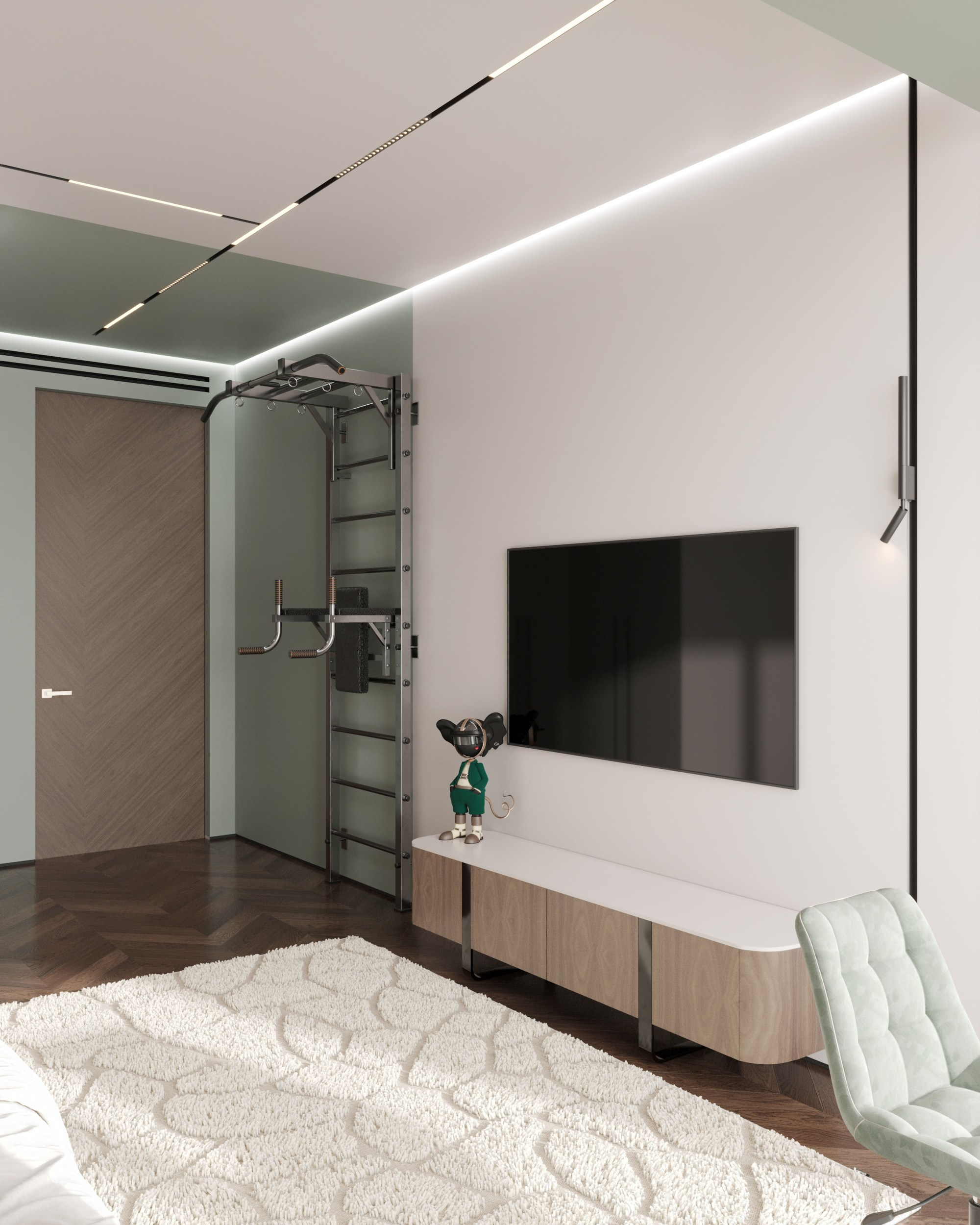 Визуализация оформления детской: спортивная шведская стенка у стены, большая панель телевизора, низкая тумба