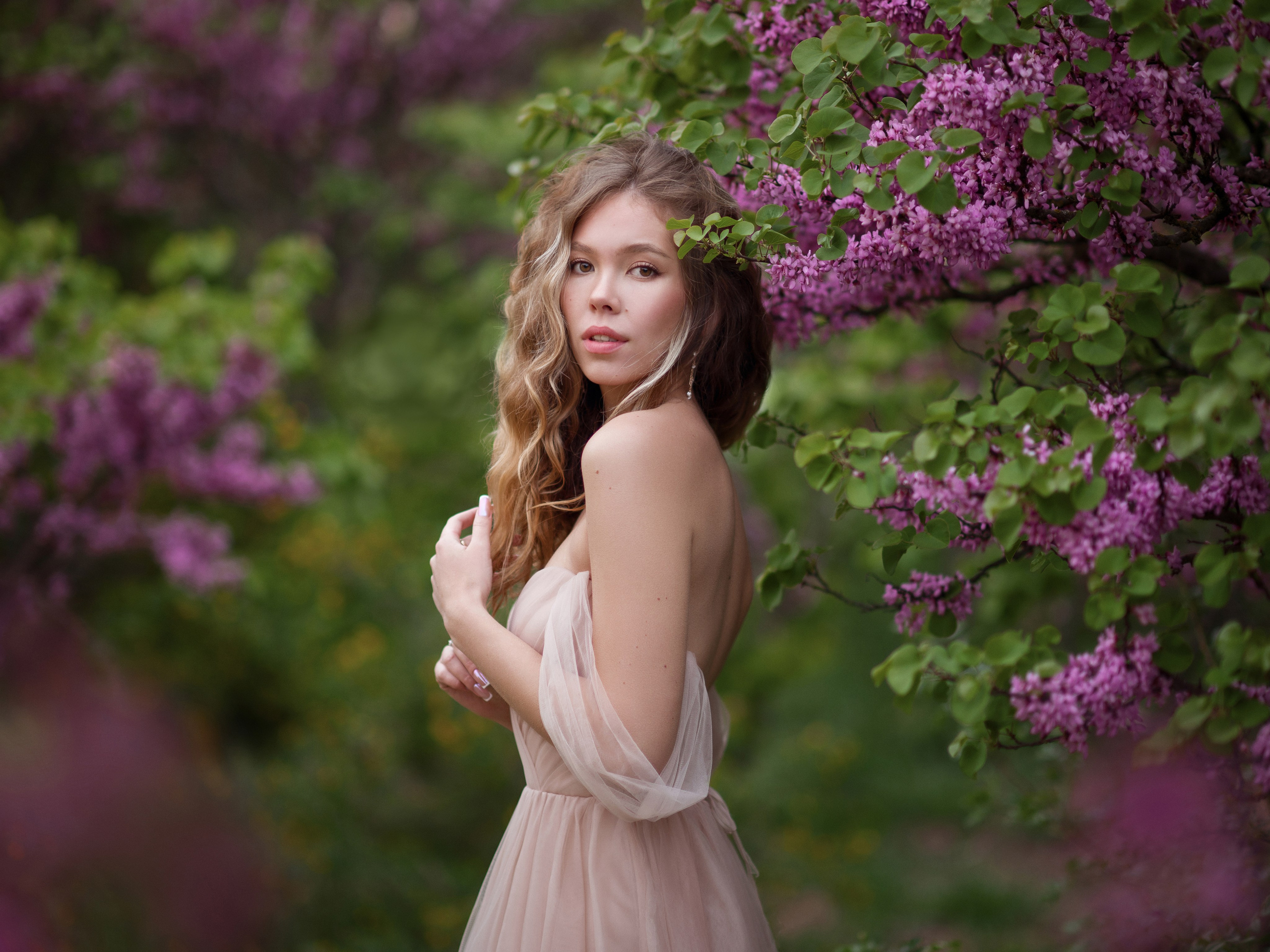 Фотосессия в парке Победы среди цветущих кустов невест и багрянника (церциса) в Севастополя