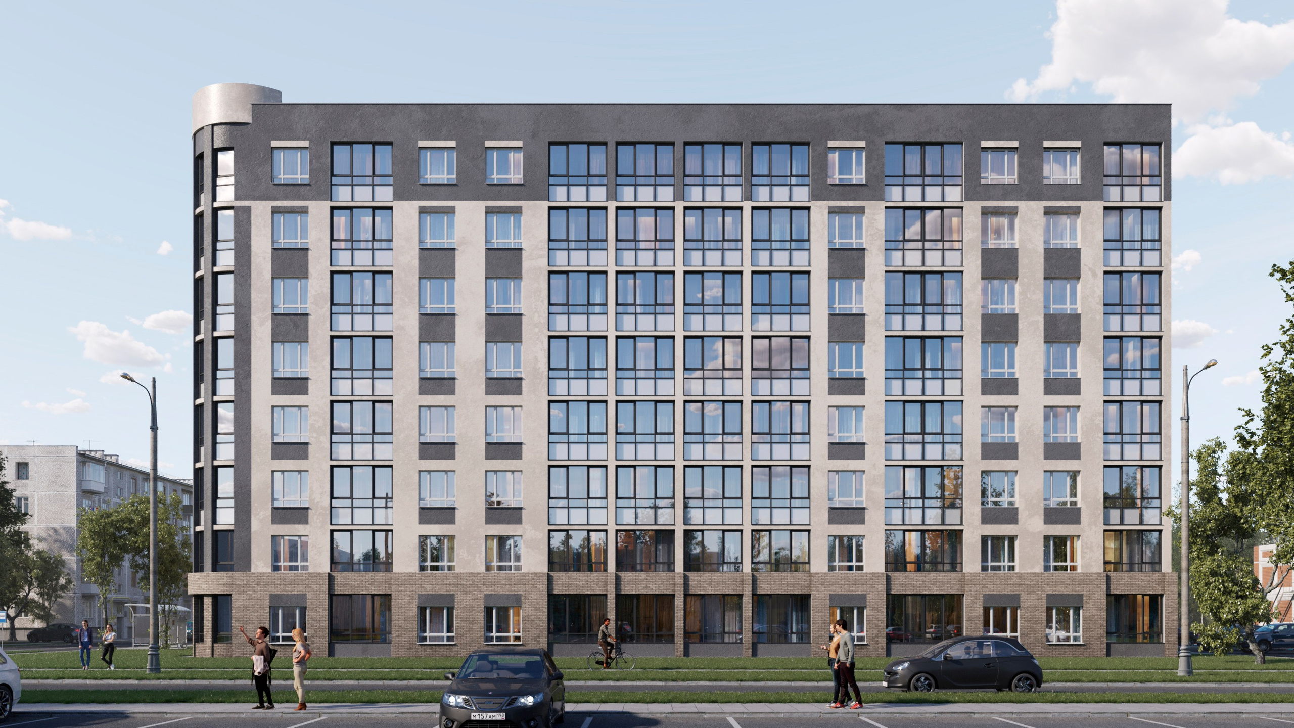 Фотореалистичный рендер экстерьера фасада жилого комплекса Центр с равномерной сеткой окон