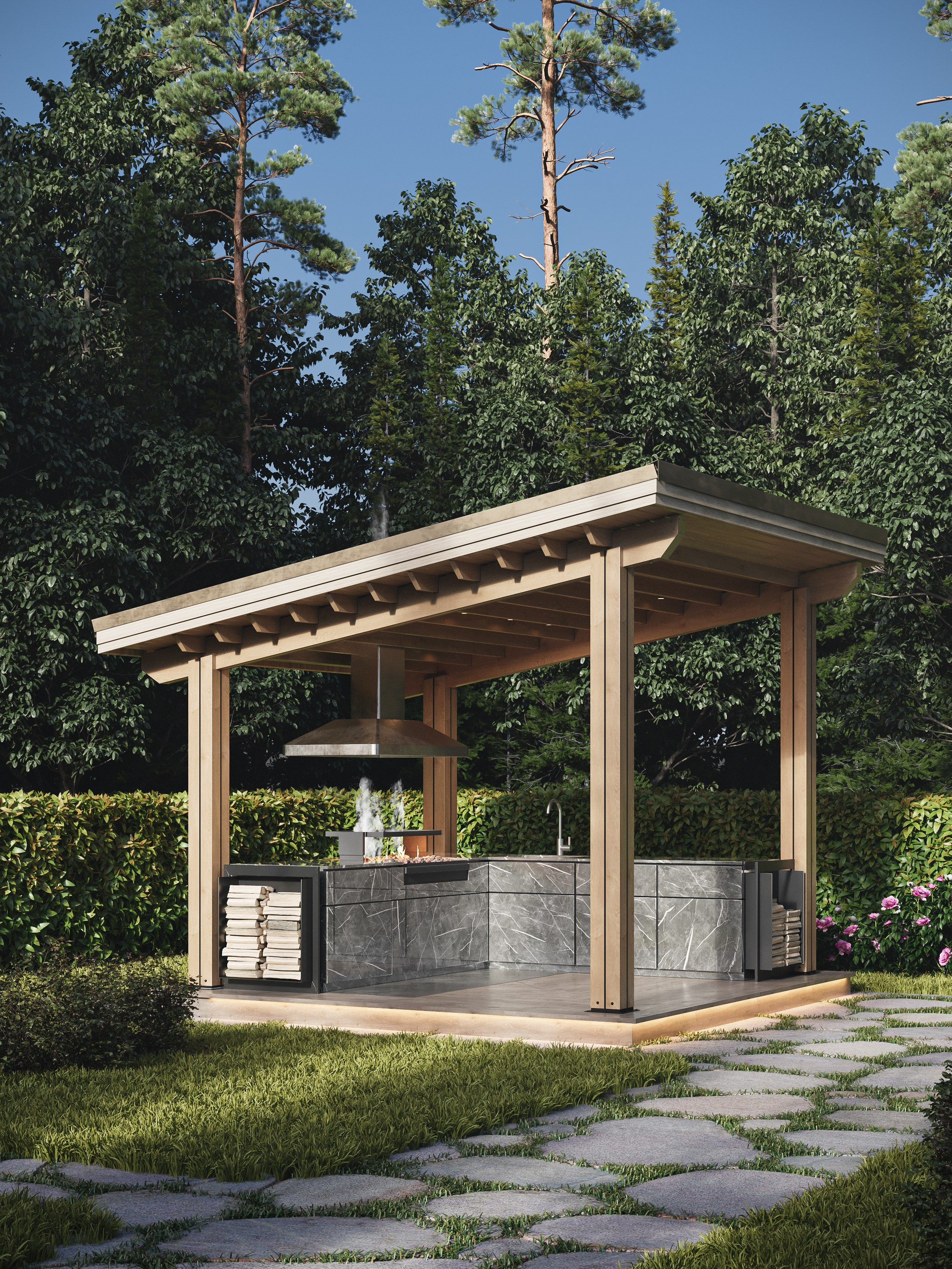 Беседка с грилем. 3D визуализация интерьера и архитектурной среды