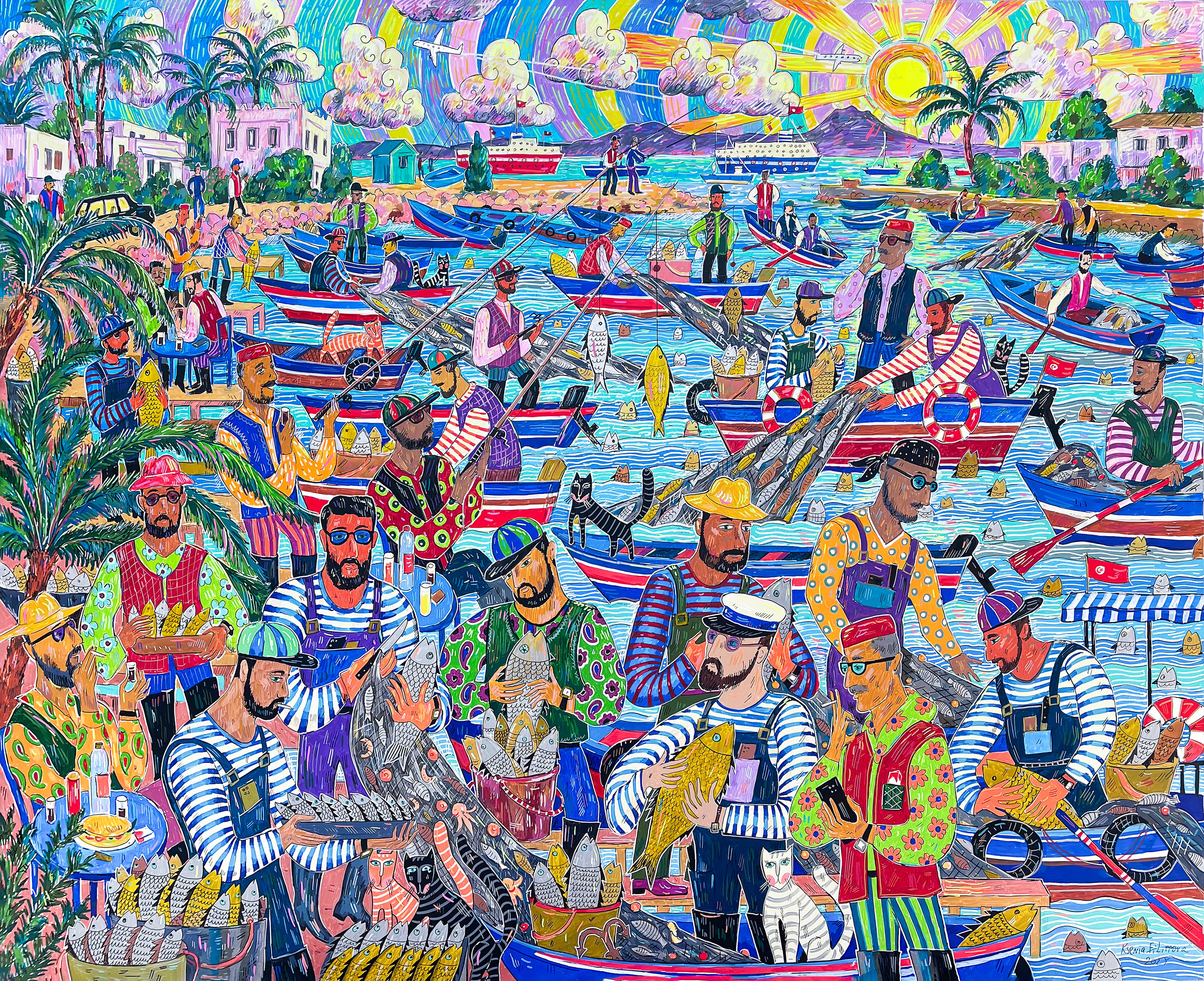 Fishermen at the Punic Ports of Carthage, acrylic markers and ink on canvas, 81 × 100 cm, 2025