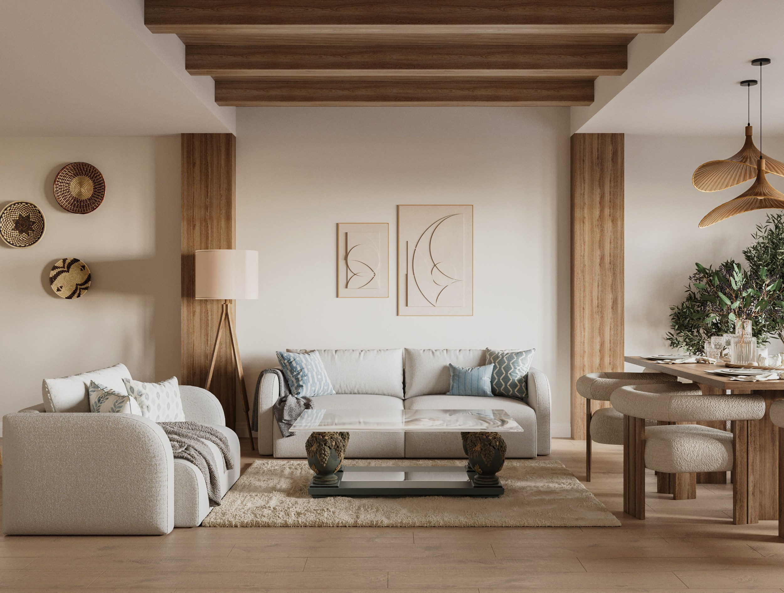 Гостинная с необычным журнальным столиком. Деревянные колонны по бокам. На потолке деревянные балки 