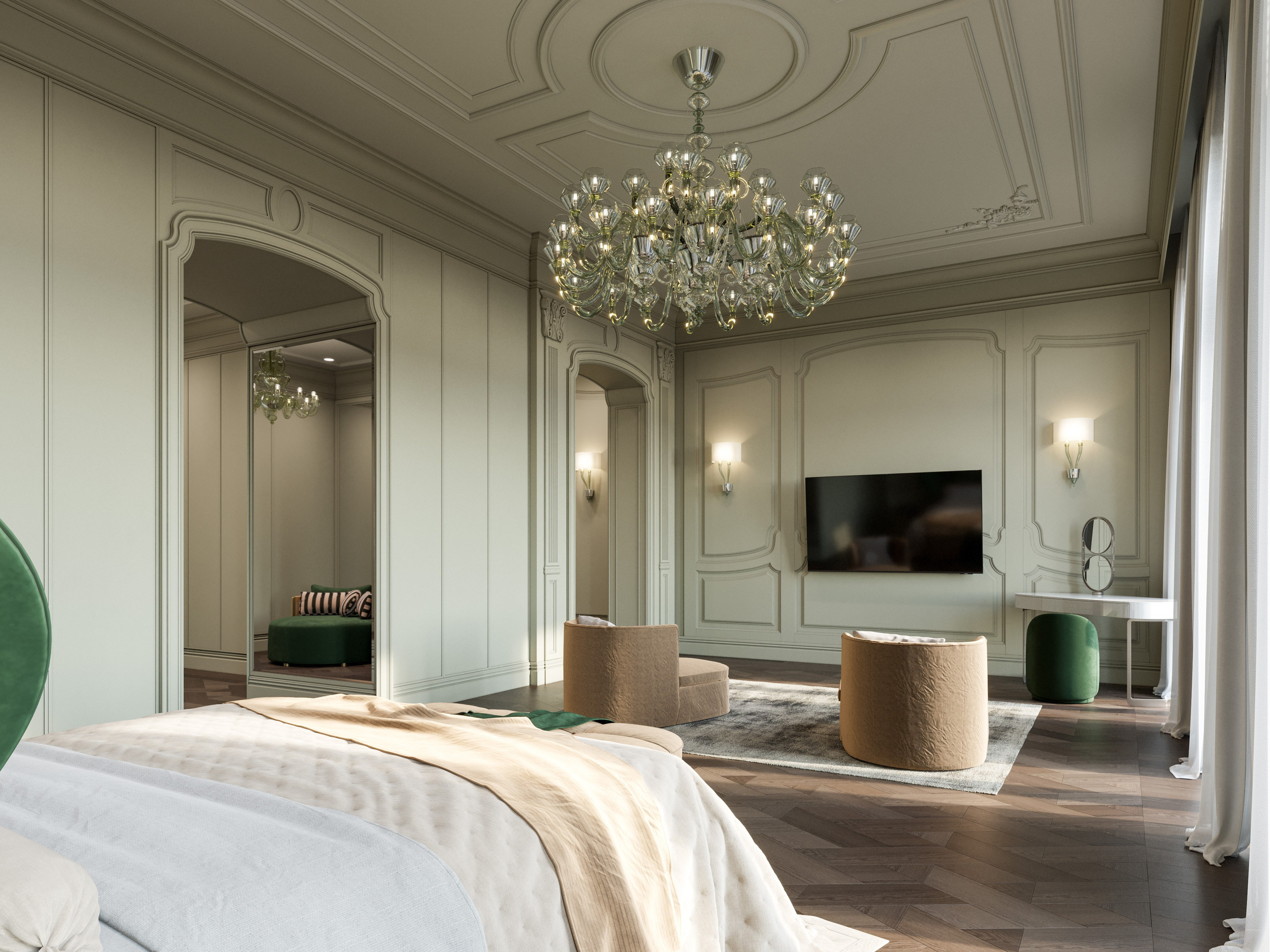 Интерьер женской спальни в нежно-мятной гамме с классической мебелью - 3D рендер