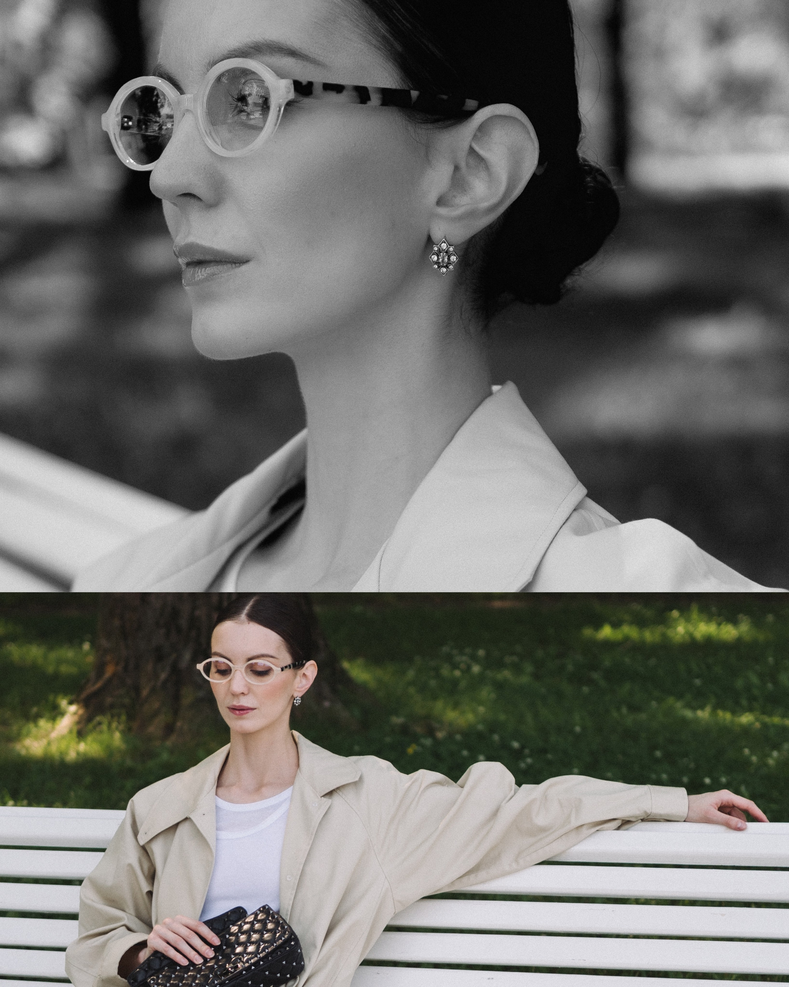 Коллаж из двух фотографий. Сверху черно-белый портрет, а снизу на фотографии эта же девушка сидит на лавке и смотрит вниз. 