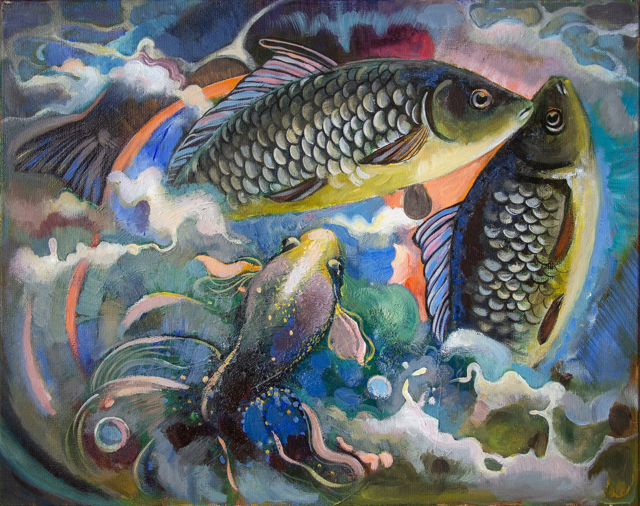 Картина с рыбами, карпы, волны