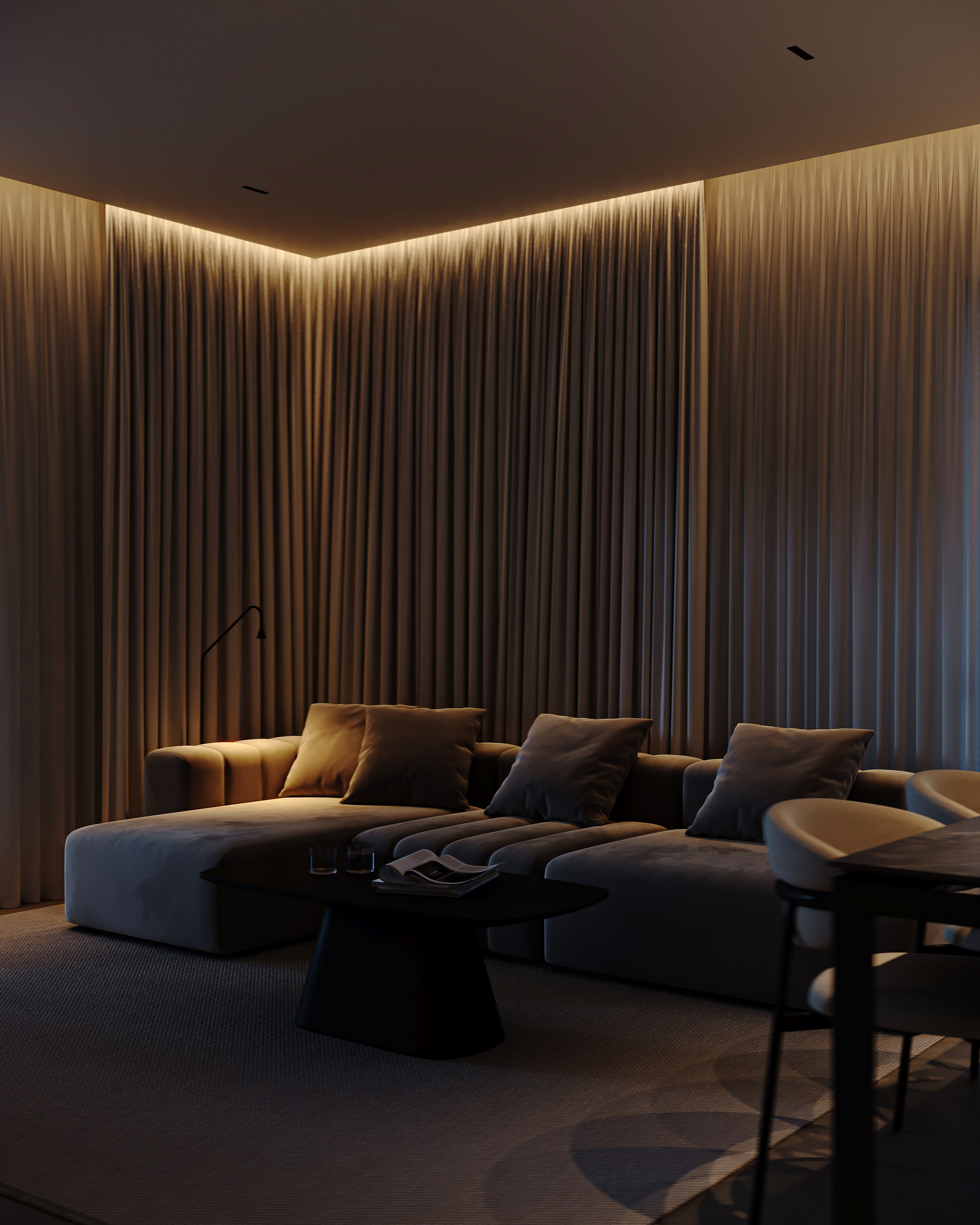 Дизайн-проект минималистичной кухни-гостиной с модульным диваном