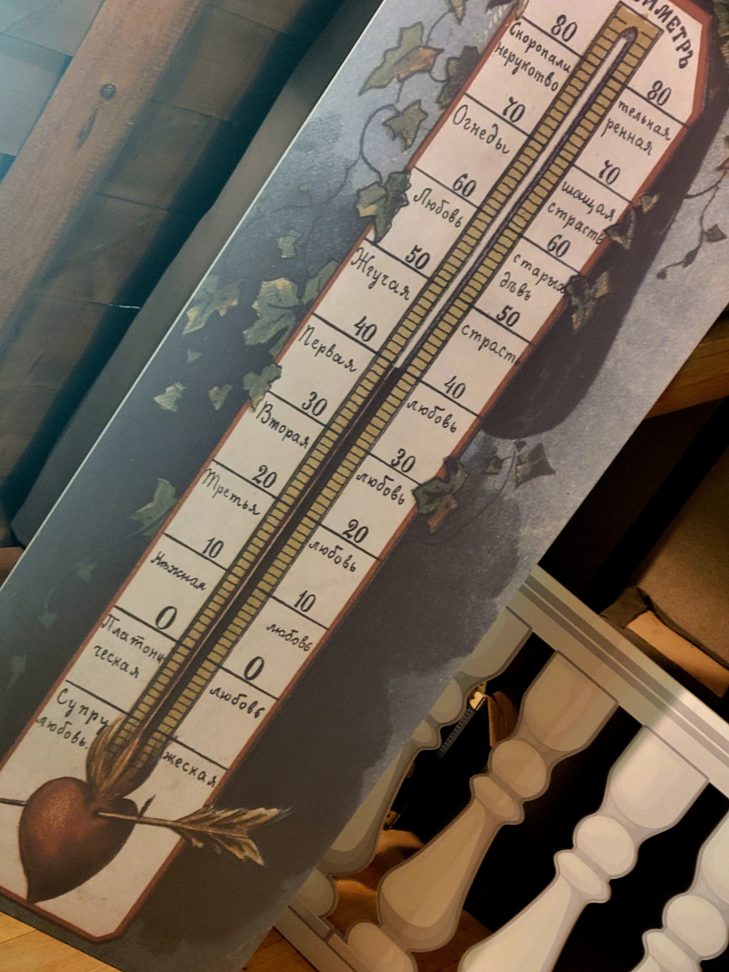 В амбаре развернута выставка об истории брачных отношений, брачных газет и семьи в конце XIX в. Градусник силы любви :)