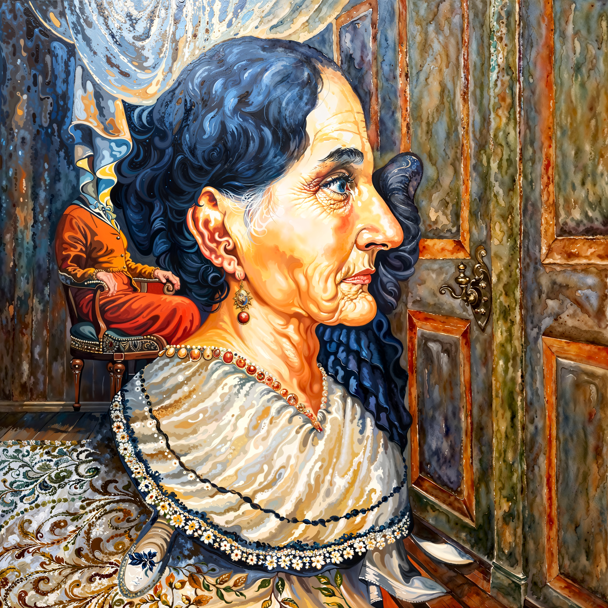 Оптическая иллюзия: портрет пожилой женщины, составленный из сцены с мужчиной в кресле, двери и узорчатого ковра