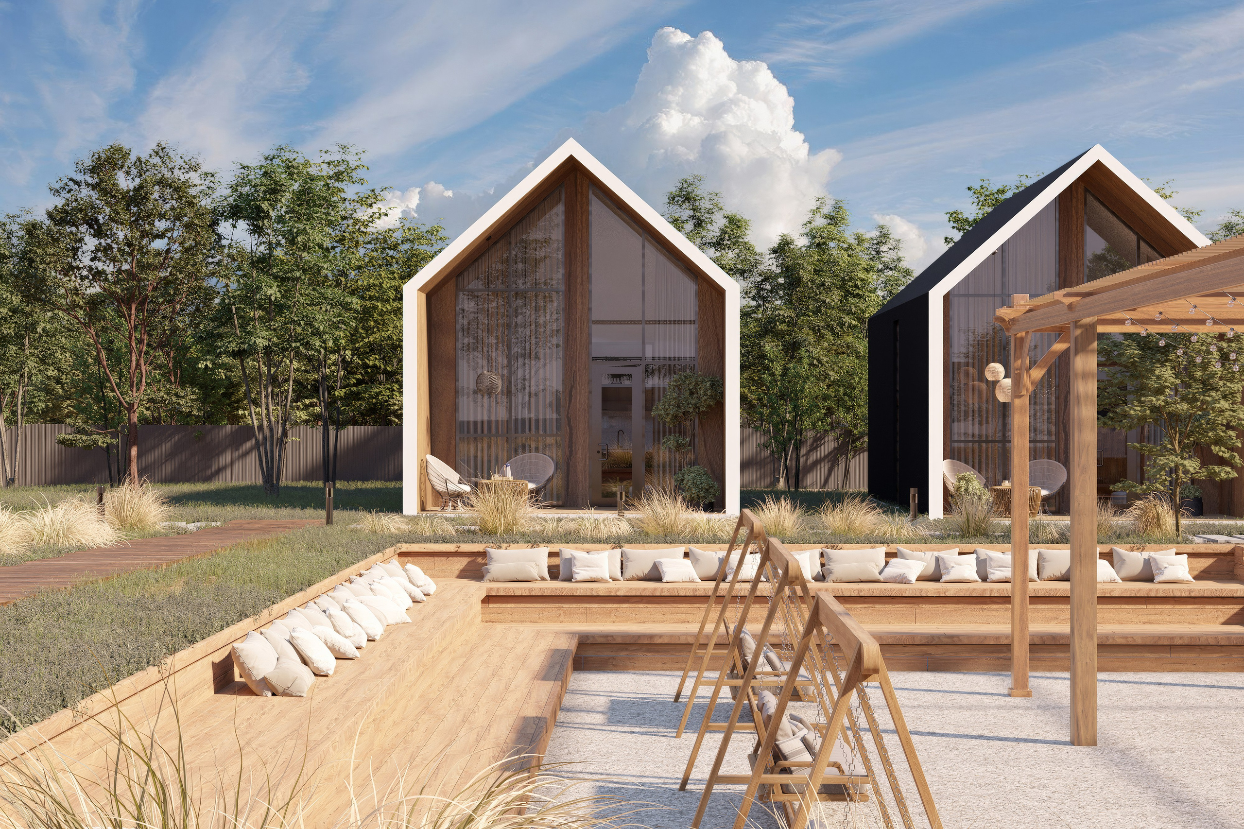 Архитектурная визуализация глэмпинга с террасами, трибунами и яркой геометрией модульных домиков
