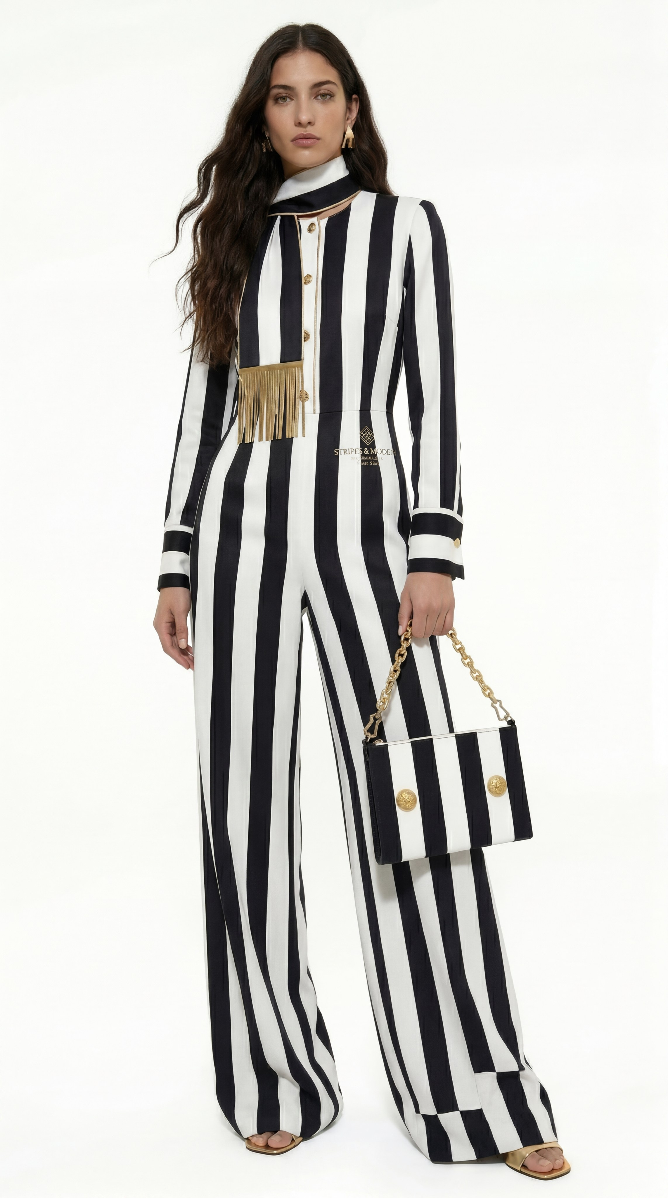 AI-фото для маркетплейса: модель в полосатом деловом костюме, быстрое создание контента с экономией бюджета